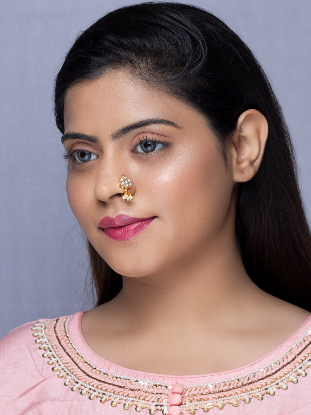 Floral Kundan & Pearl Nose Pin For Women By Morkanth