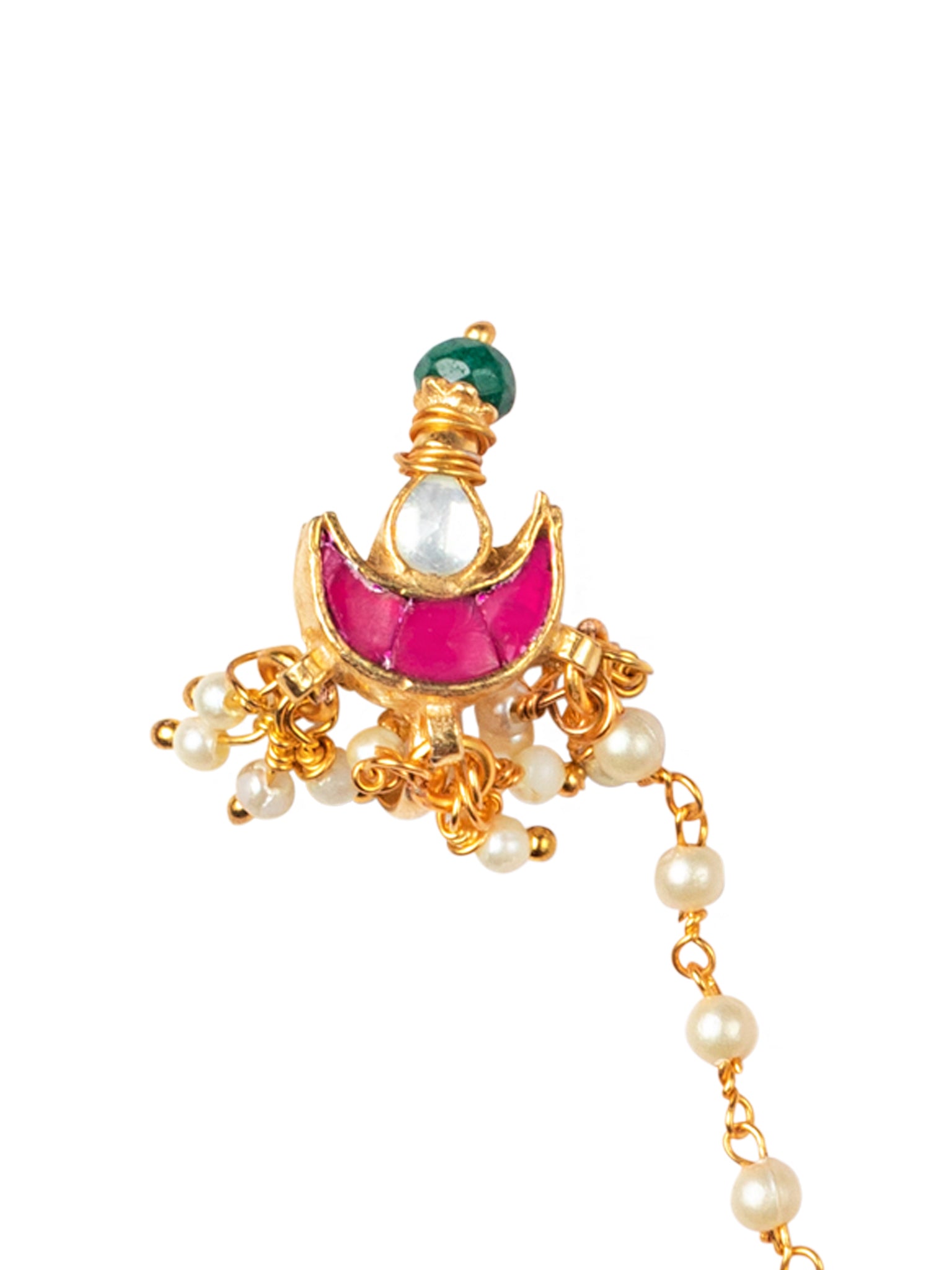 Women's Gold-plated Off-White & Pink Pachi Kundan-Studded & Beaded Chained Nose Ring - Morkanth