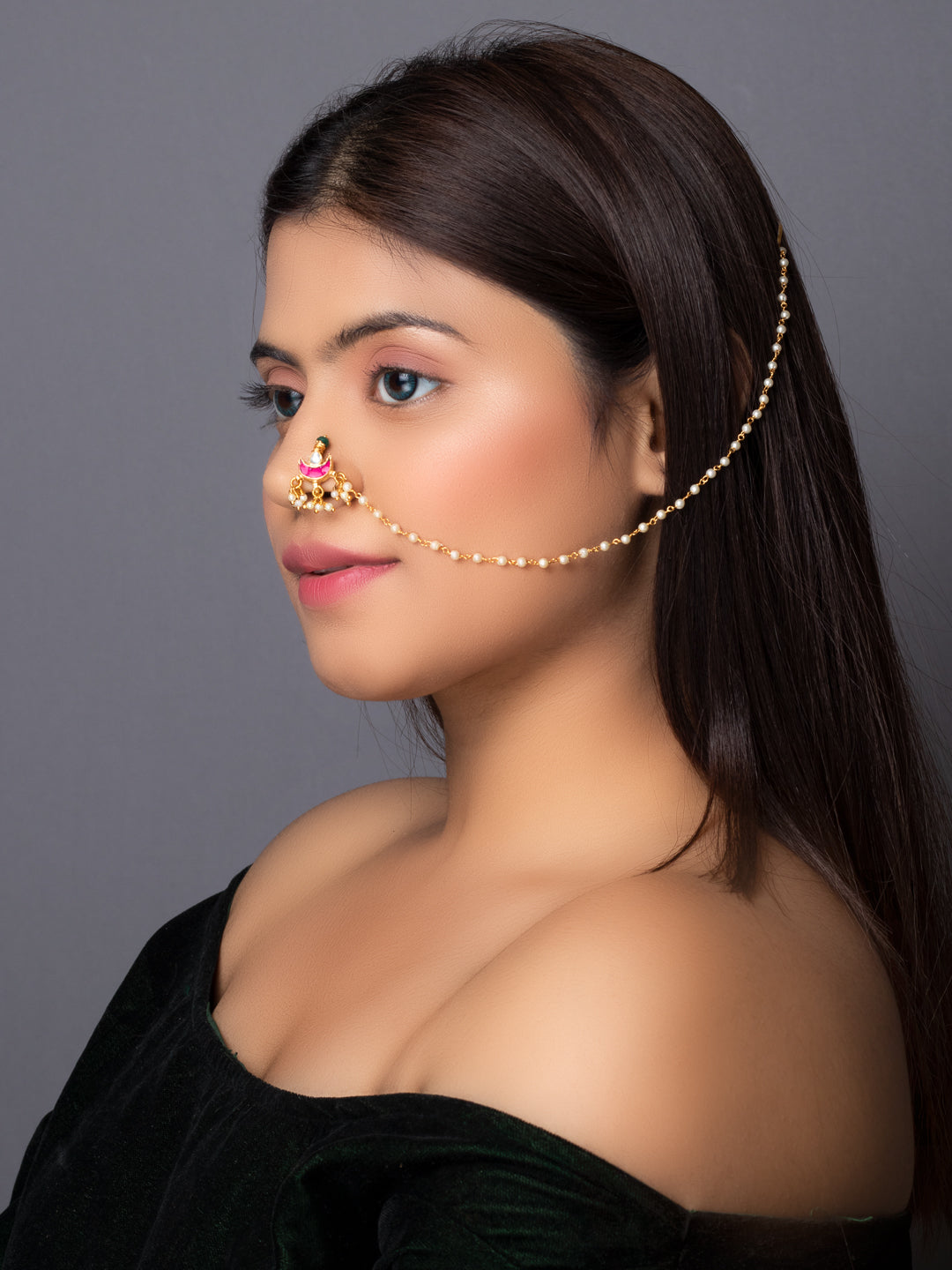 Women's Gold-plated Off-White & Pink Pachi Kundan-Studded & Beaded Chained Nose Ring - Morkanth
