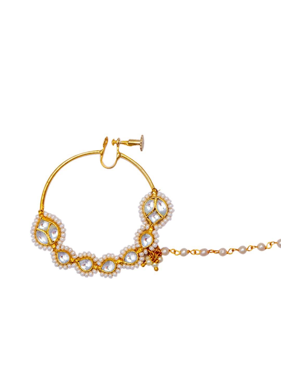 Women's Gold-Plated & Off-White Kundan-Studded Chained Nose Ring - Morkanth