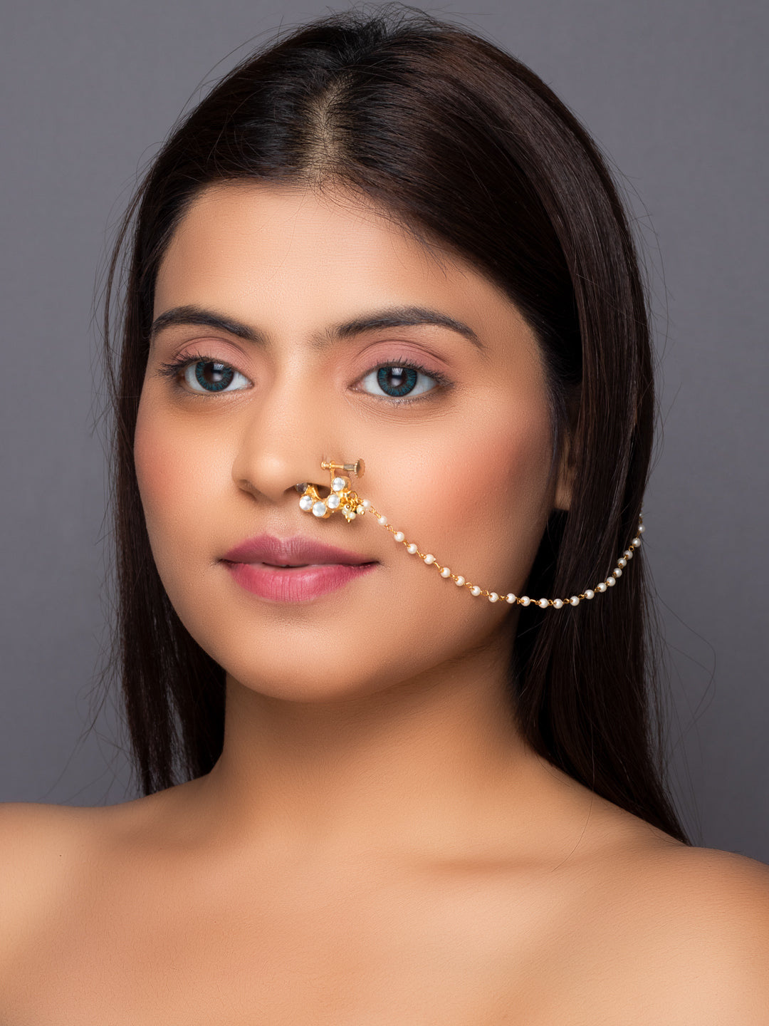 Women's Gold-plated Off-White Pachi Kundan-Studded & Beaded Chained Nose Ring - Morkanth