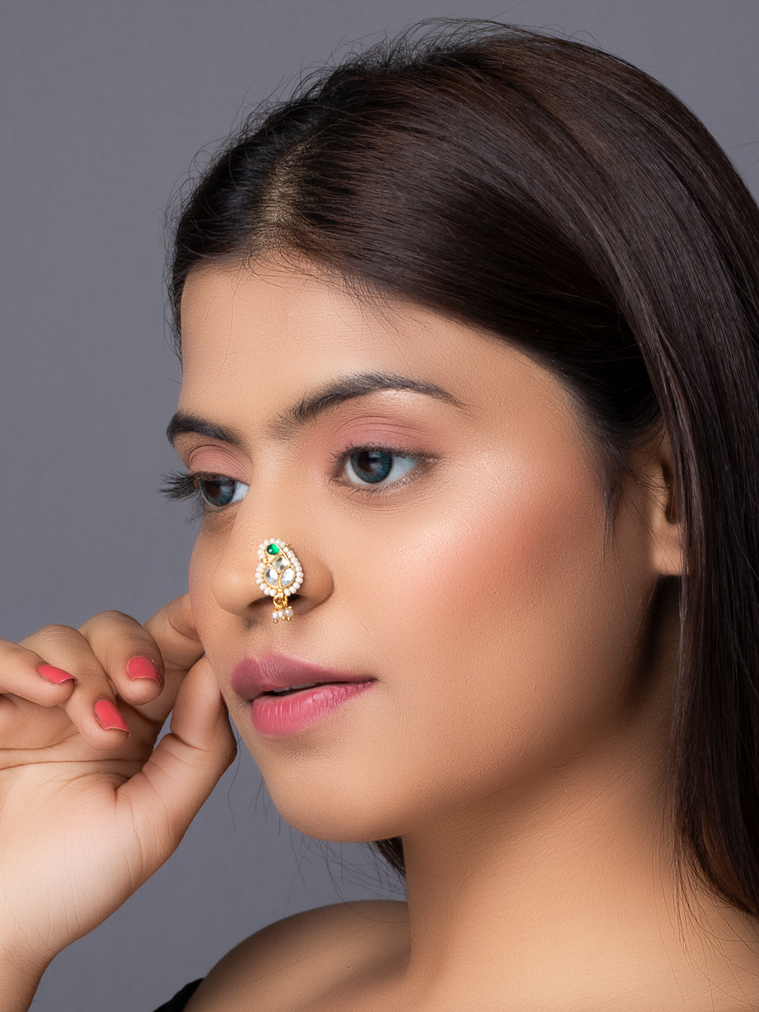 Gold Plated Kundan & Pearl Nose Pin For Women By Morkanth