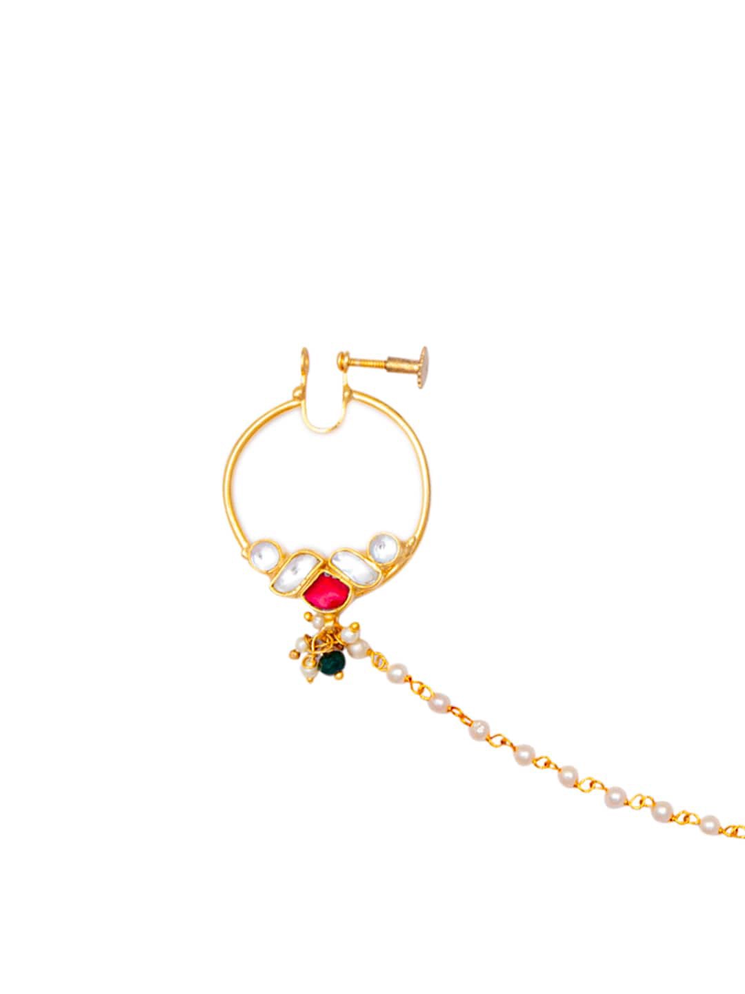 Women's Gold-Plated White & Red Kundan-Studded Beaded Handcrafted Nose Ring With Chain - Morkanth