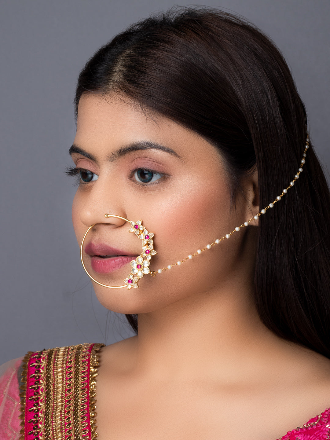 Women's 24K Gold-Plated Pink & White Pacchi Kundan Studded Pearl Beaded Chain Nose Ring - Morkanth