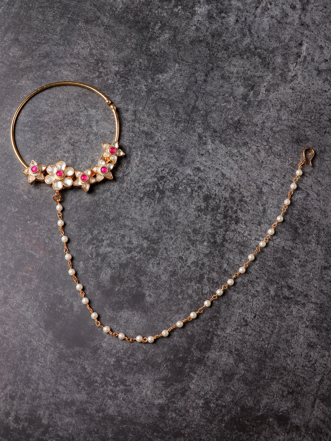 Women's 24K Gold-Plated Pink & White Pacchi Kundan Studded Pearl Beaded Chain Nose Ring - Morkanth