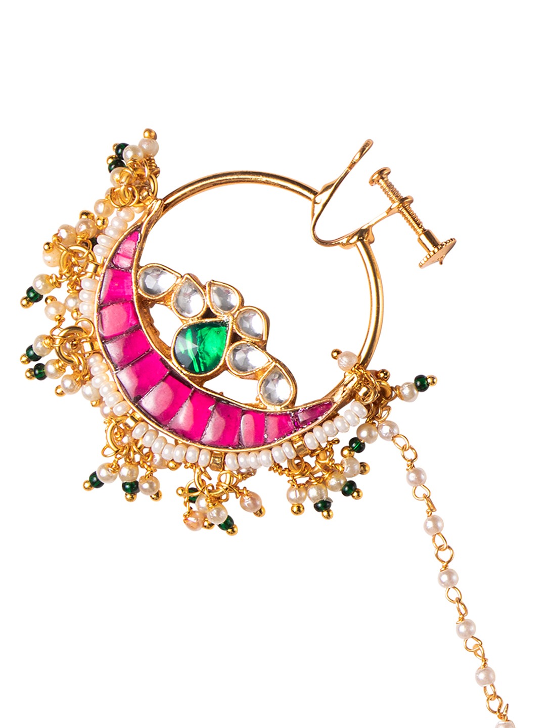 Women's 24 K Gold-Plated Pink & White pachi Kundan-Studded Chained Nose Ring - Morkanth