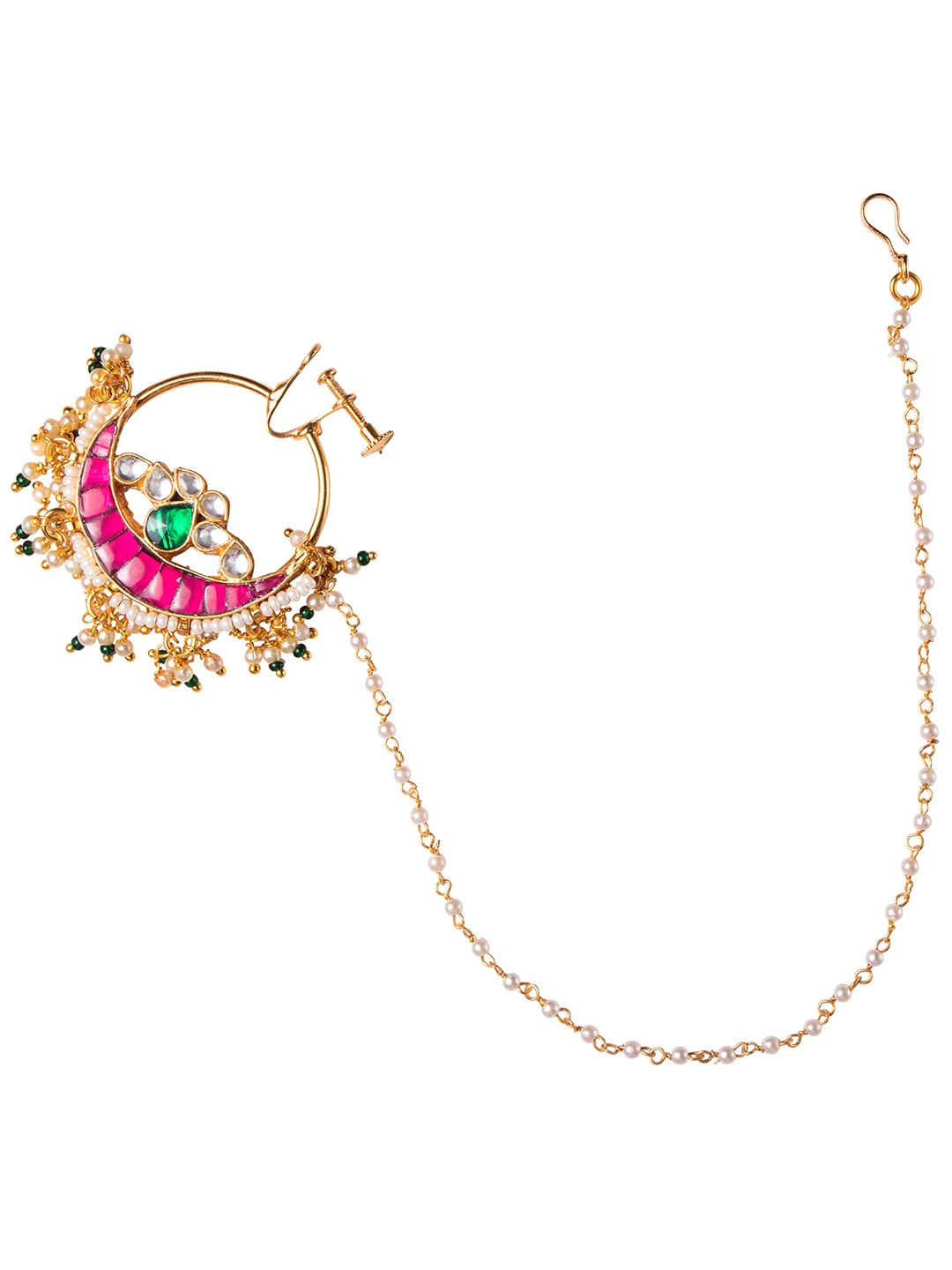 Women's 24 K Gold-Plated Pink & White pachi Kundan-Studded Chained Nose Ring - Morkanth