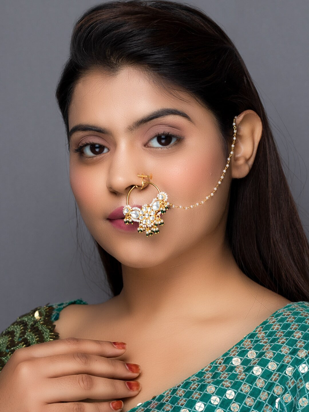 24K Gold Plated Kundan Studded Nose Ring Nath By Morkanth