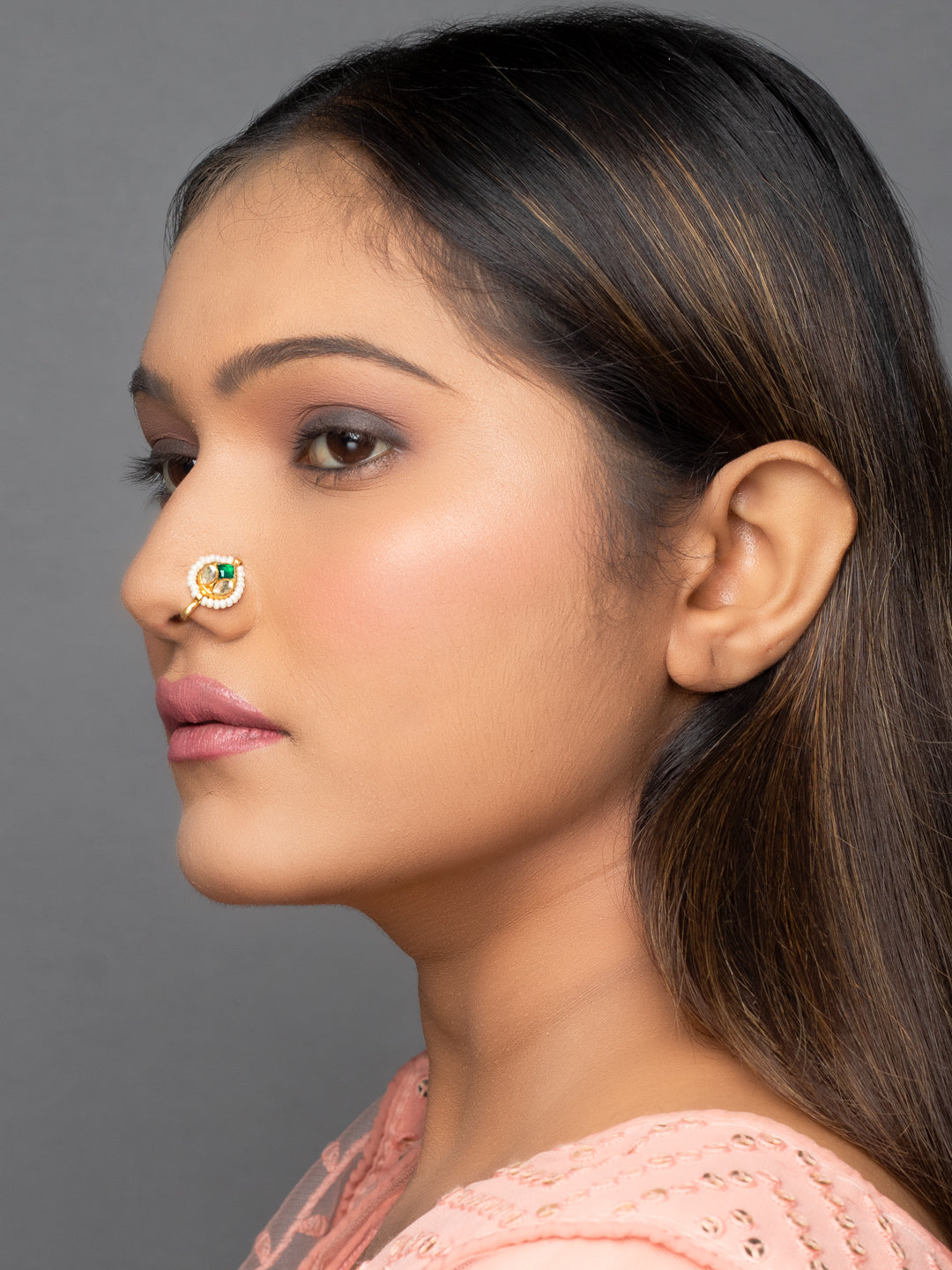 Women's Nose Pin White & Green Kundan By Morkanth