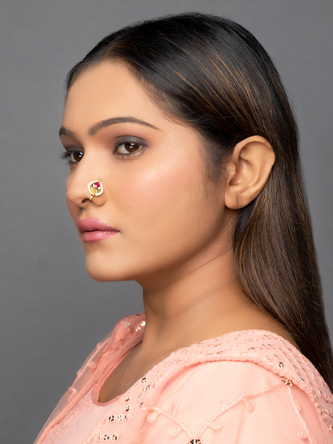 Women's Nose Pin White & Pink Kundan By Morkanth