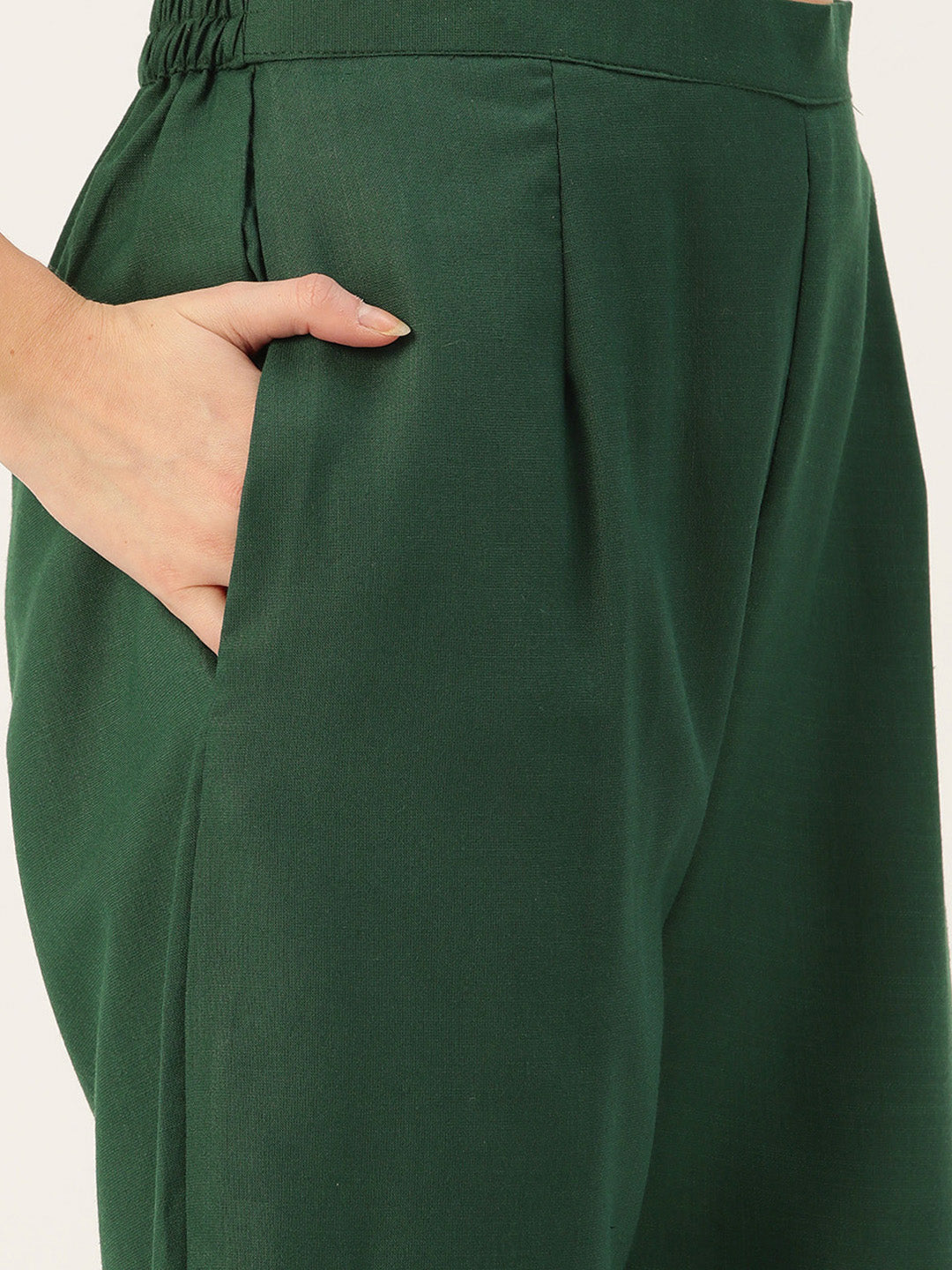 Women's Green Cotton Blend Panelled Printed Straight Kurta Trouser Set With Dupatta - Vaaba