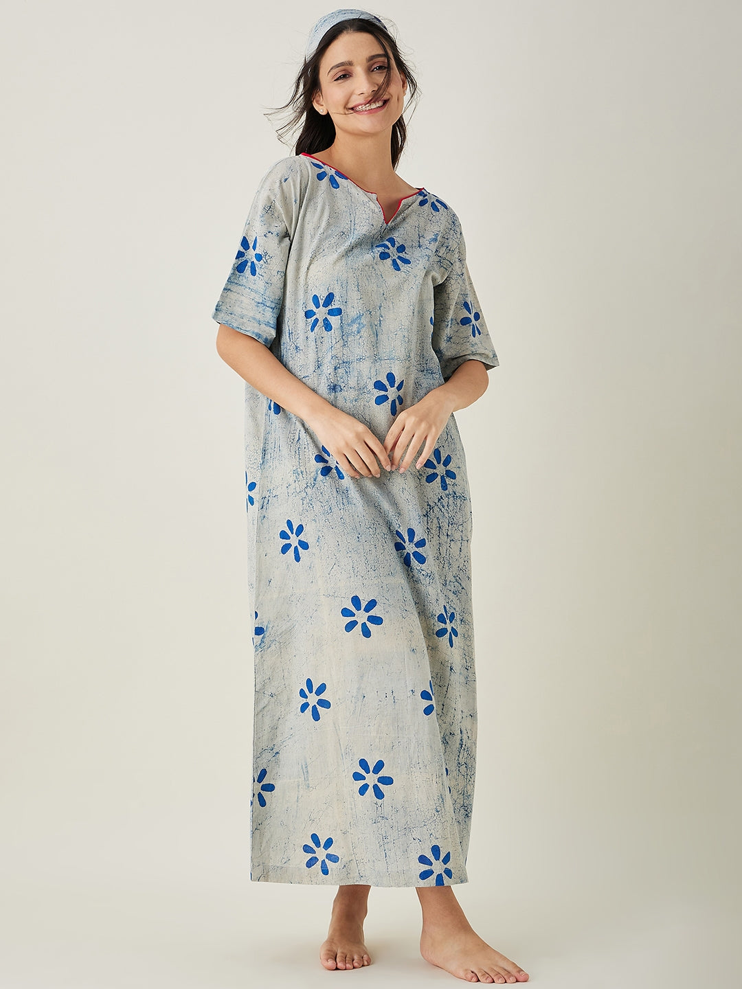 Women's Offwhite Indigo Printed Nightdress - The Kaftan Company