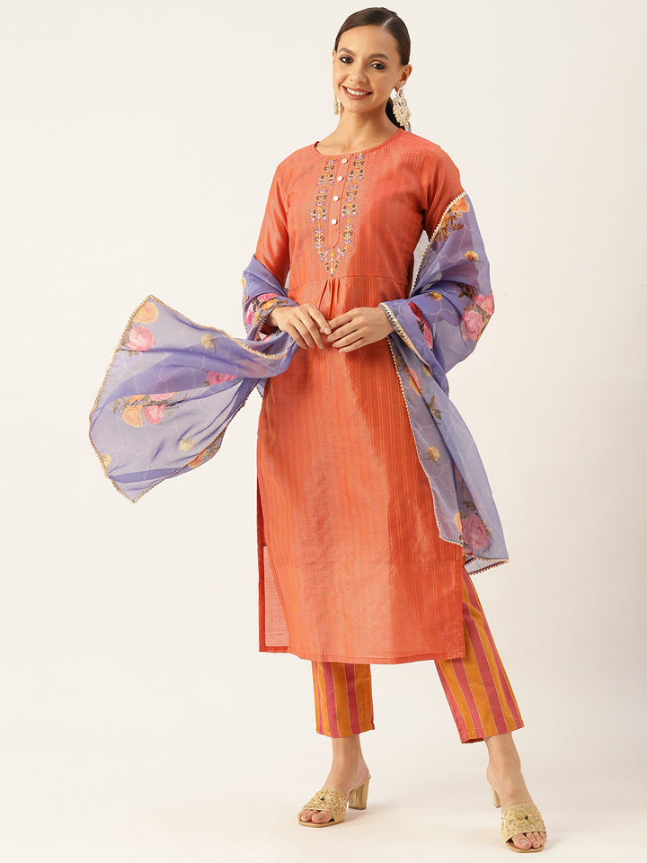 Women's Red Chanderi Straight Embroidered Kurta Pant With Dupatta