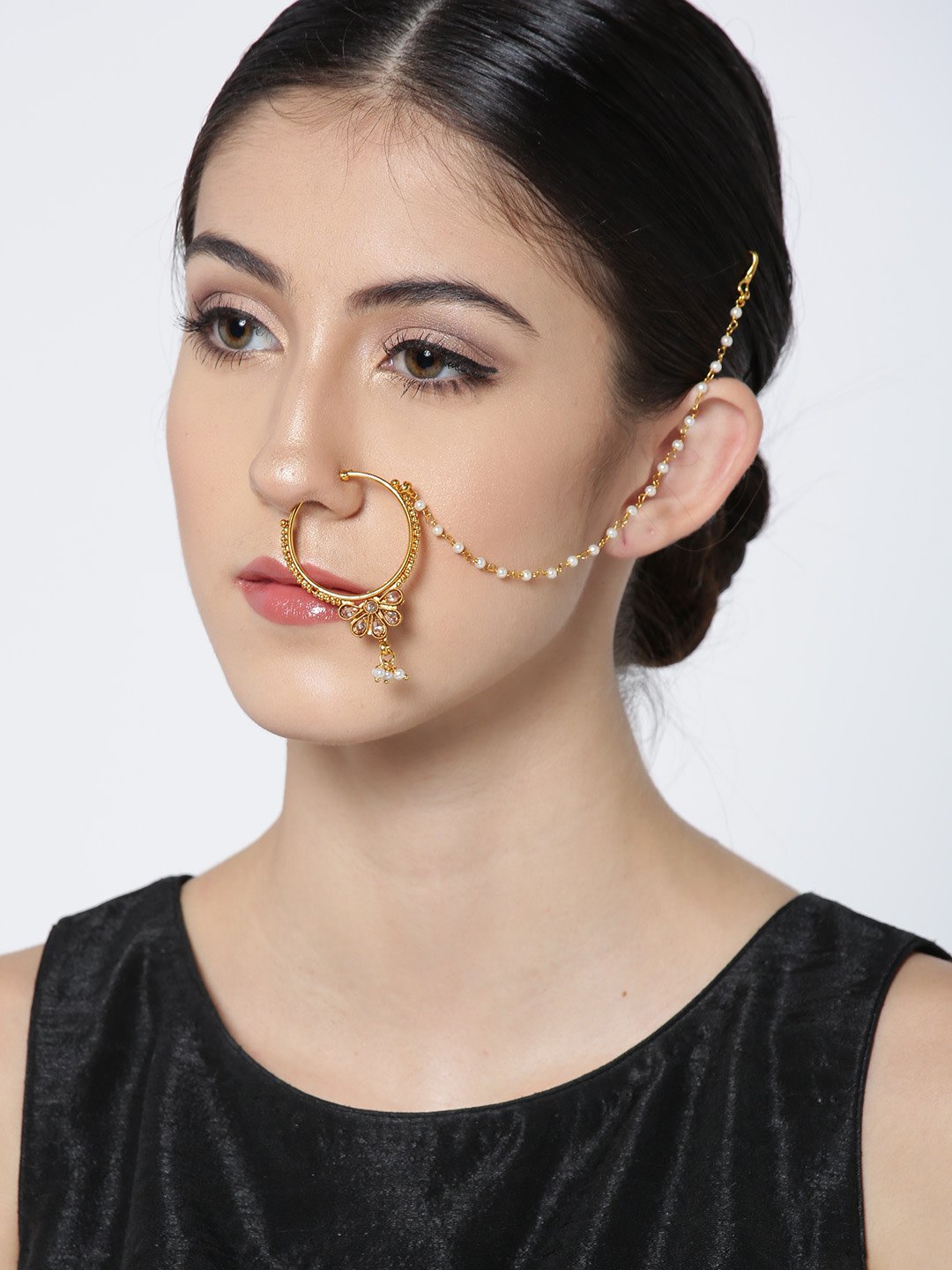 Women's Gold Plated Stone Studded With Beads Chain Floral Nath/Nose Ring For Women - Priyaasi