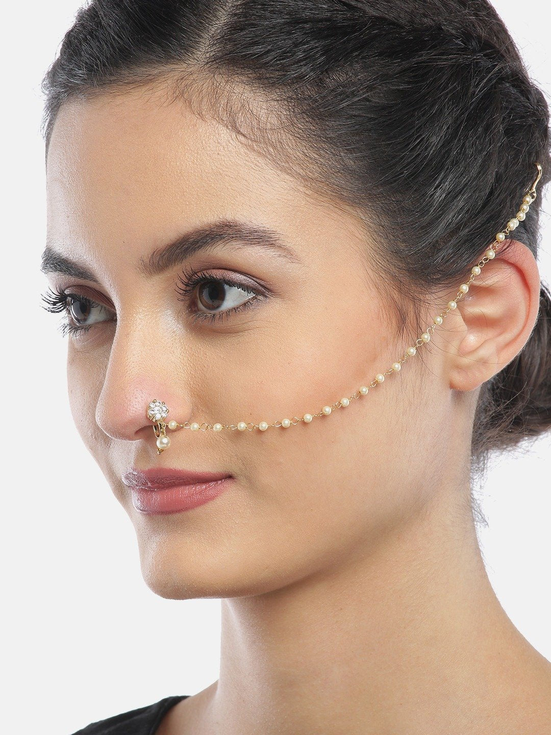 Women's Gold Plated Chained and Beaded Nose Pin - Priyaasi