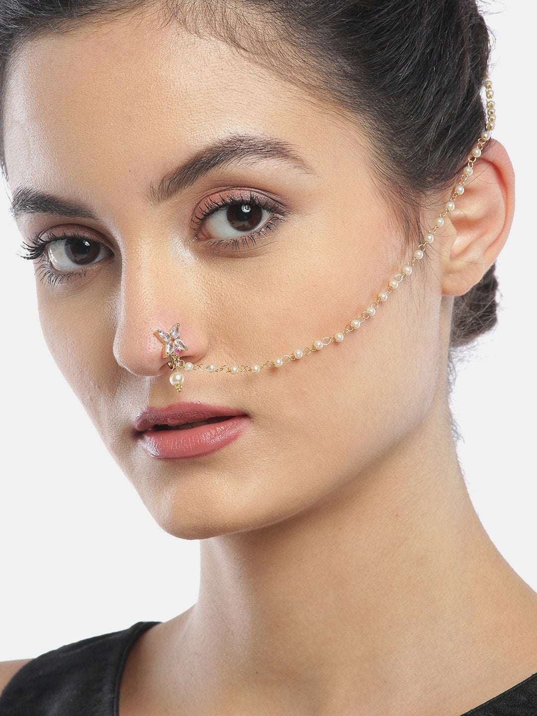 Women's Gold Plated Chained Nose Pin - Priyaasi