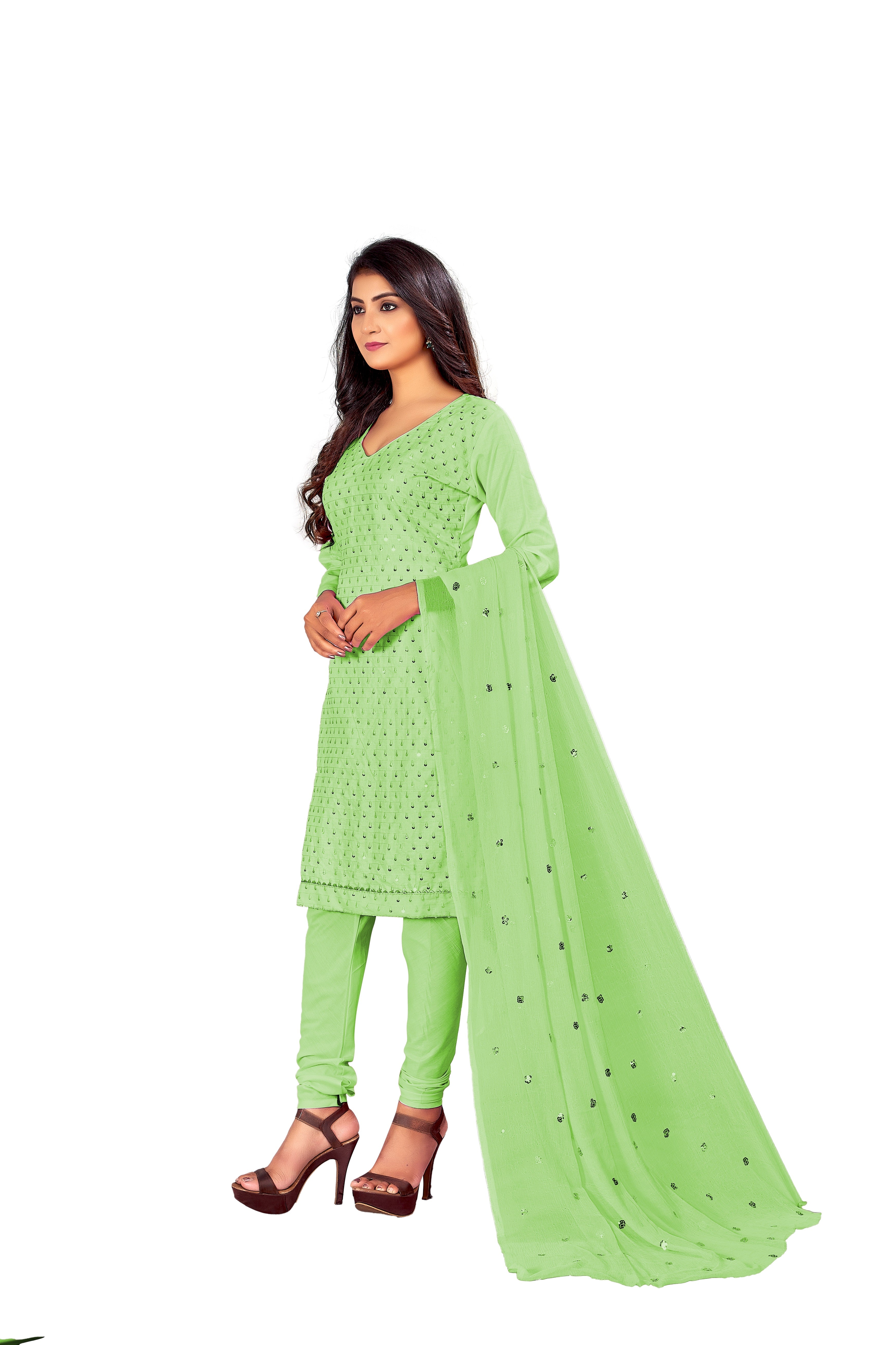 Women's Parrot Green Colour Semi-Stitched Suit Sets - Dwija Fashion