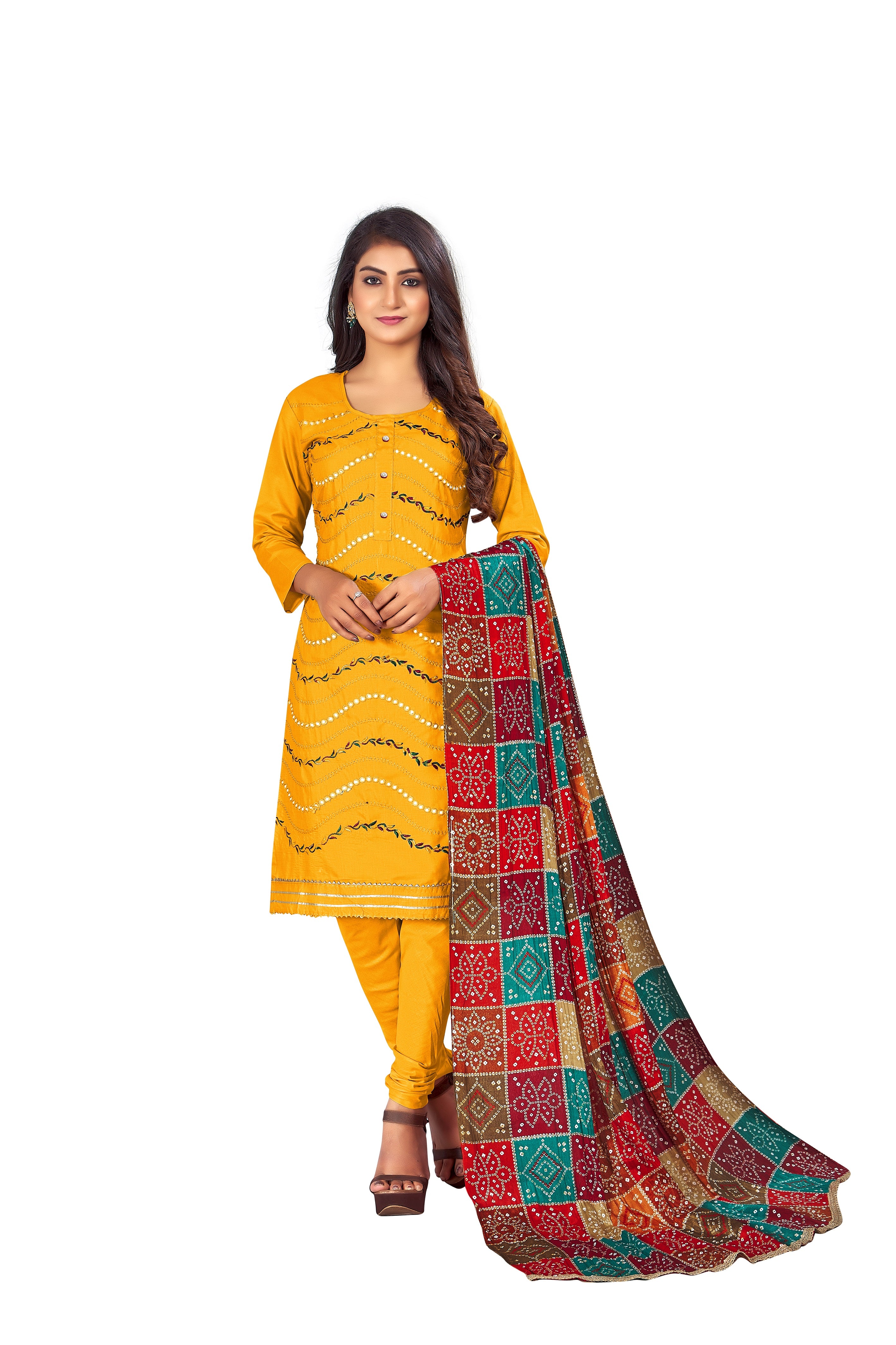 Women's Yellow Colour Semi-Stitched Suit Sets - Dwija Fashion