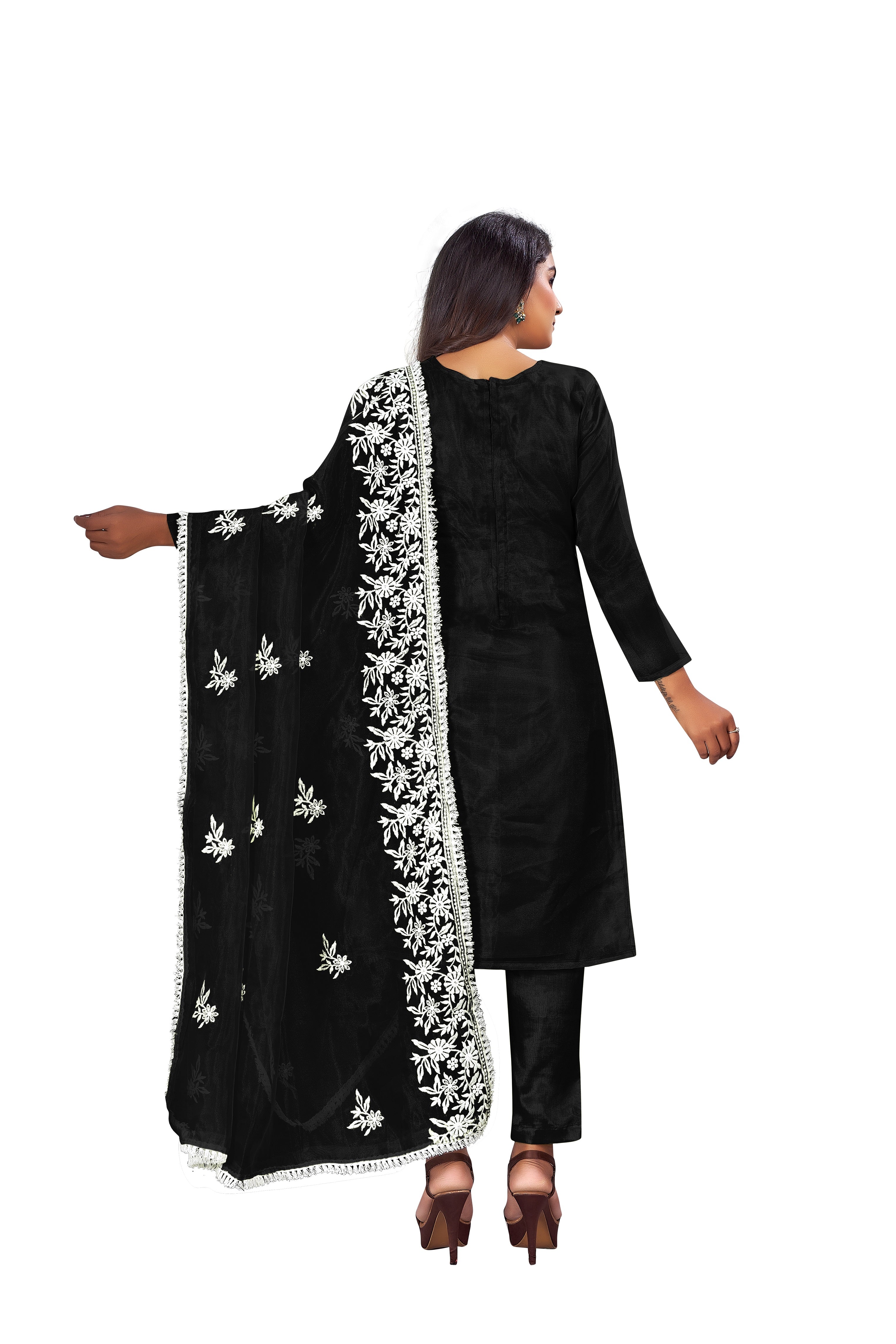 Women's Black Colour Semi-Stitched Suit Sets - Dwija Fashion