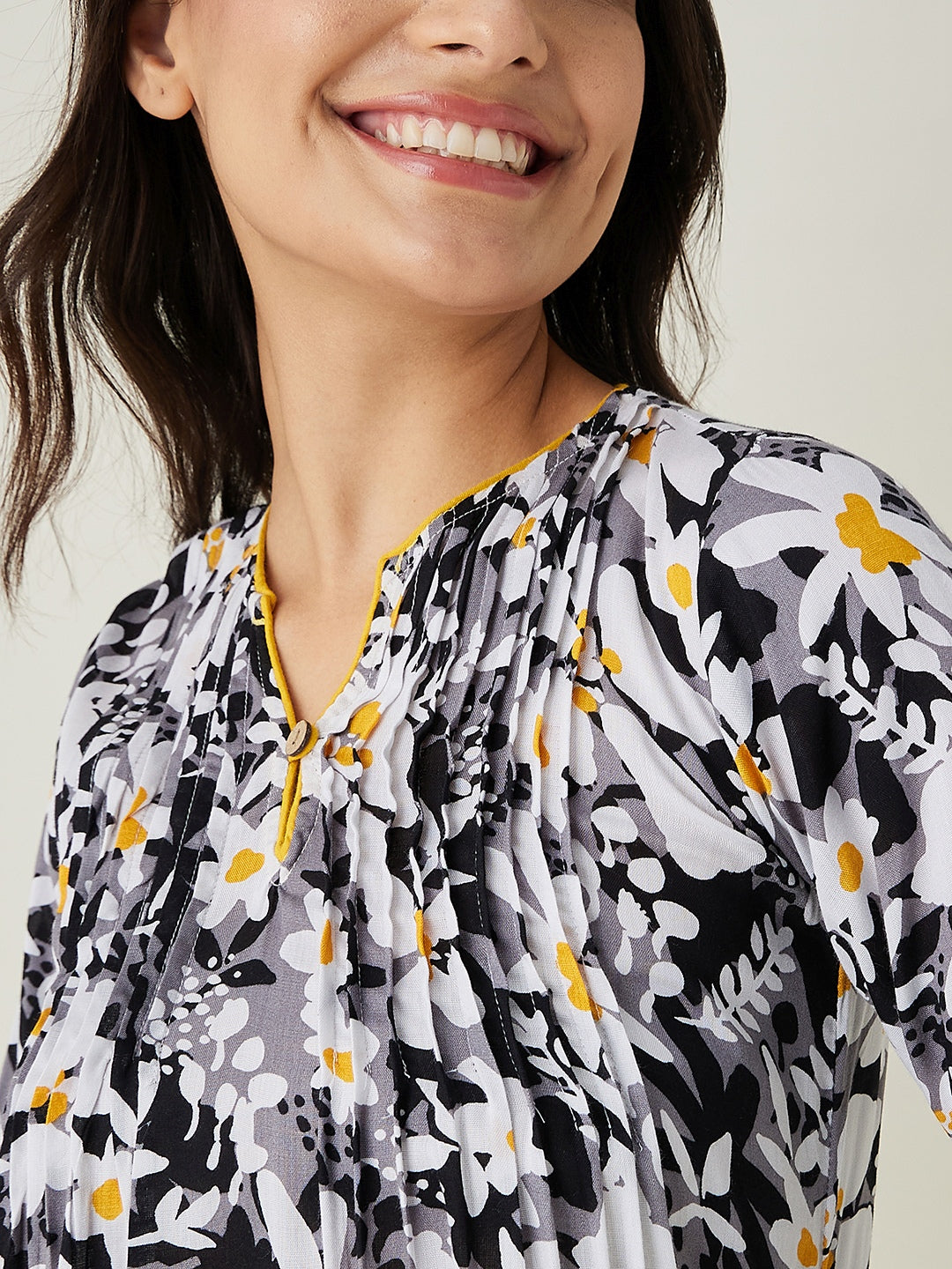 Women's Black and White Floral Printed Nightdress - The Kaftan Company
