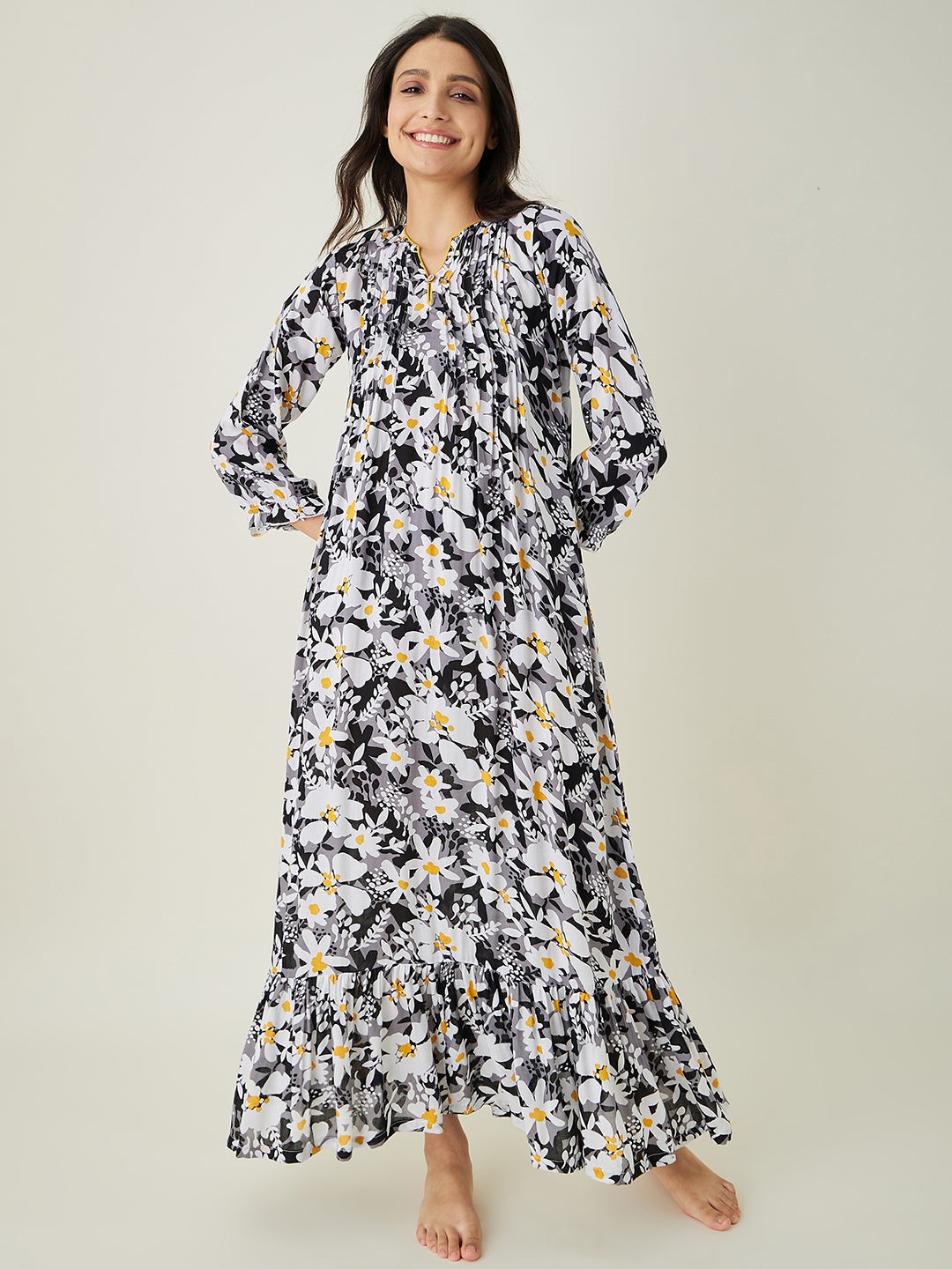Women's Black and White Floral Printed Nightdress - The Kaftan Company