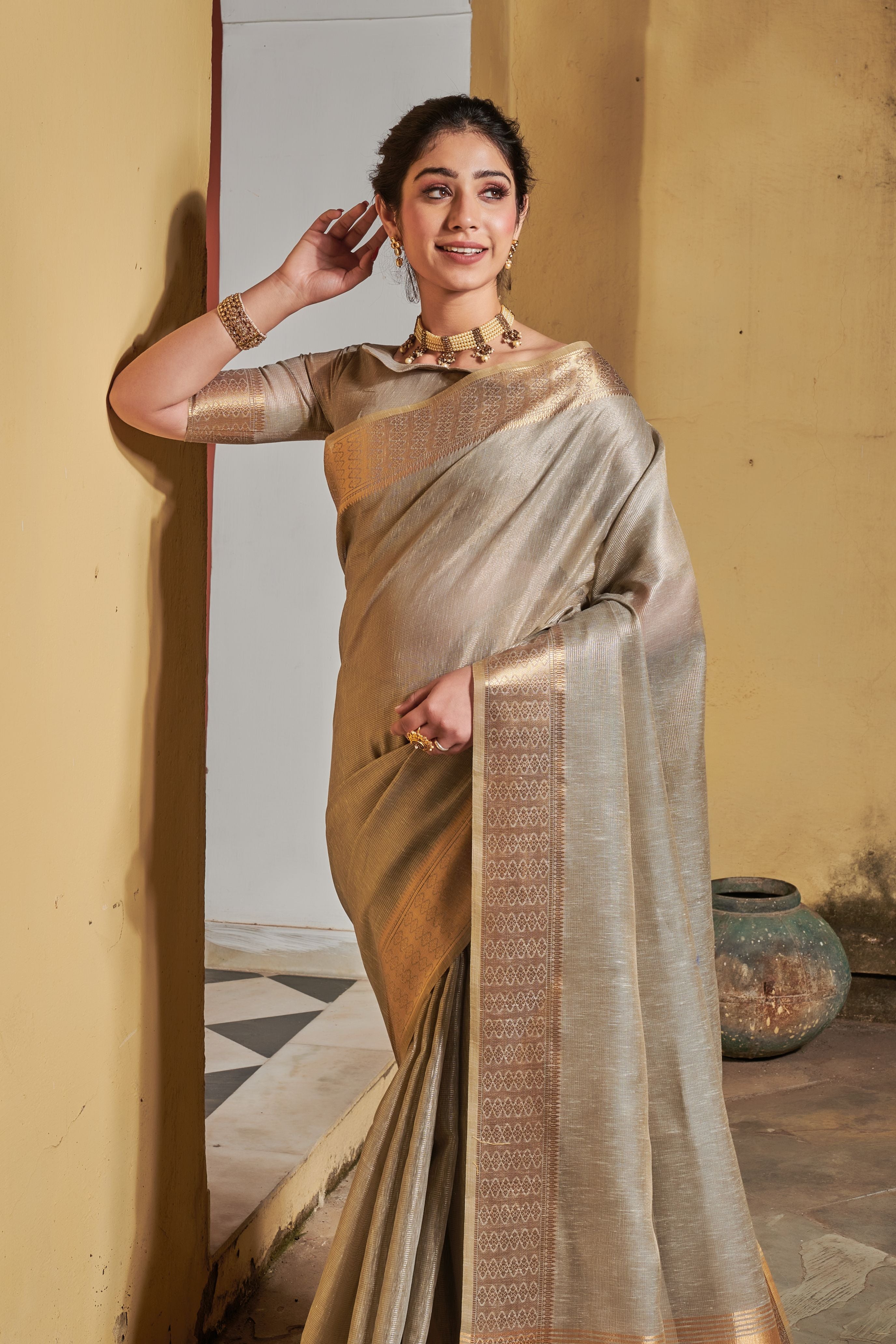 Women's Mashroom Grey Woven Tissue Linen Saree with Tassels - Vishnu Weaves