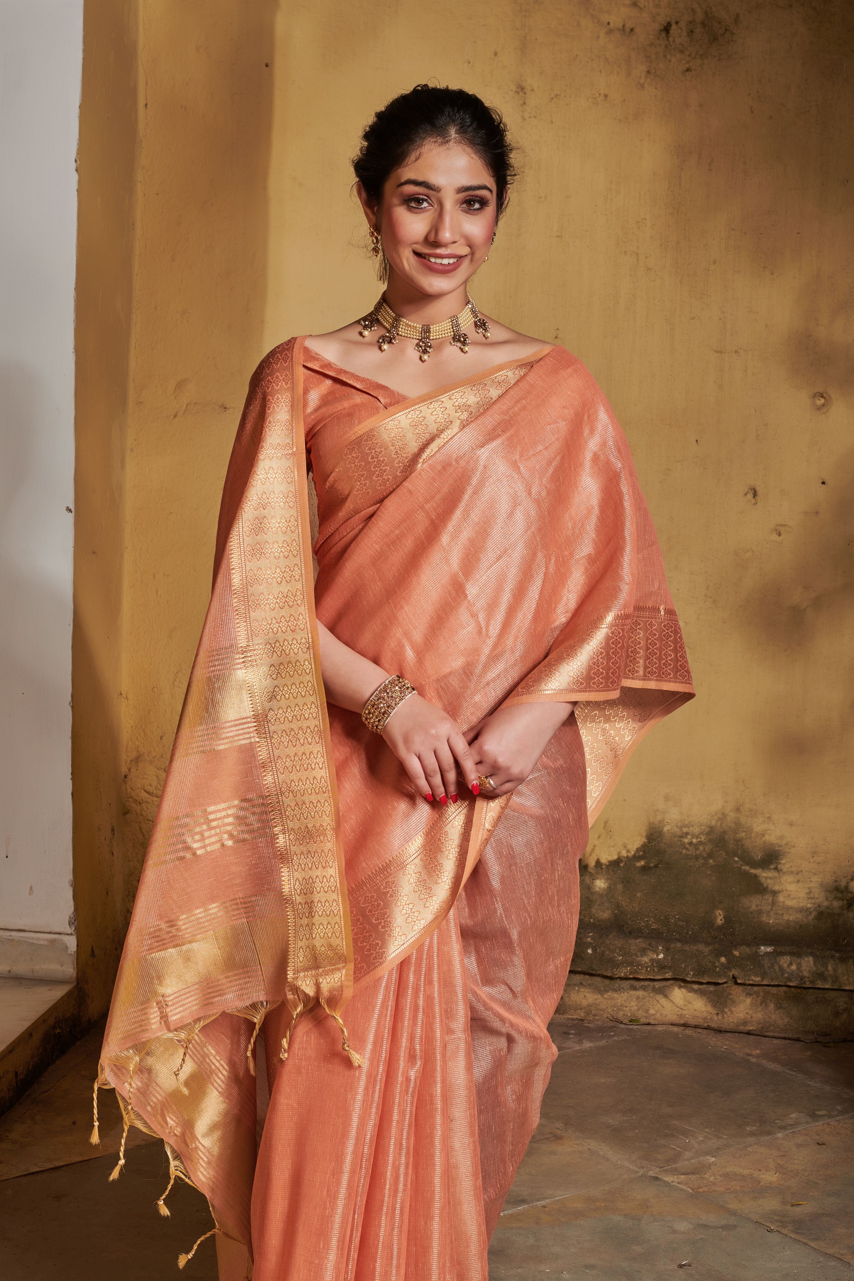 Women's Orange Woven Tissue Linen Saree with Tassels - Vishnu Weaves