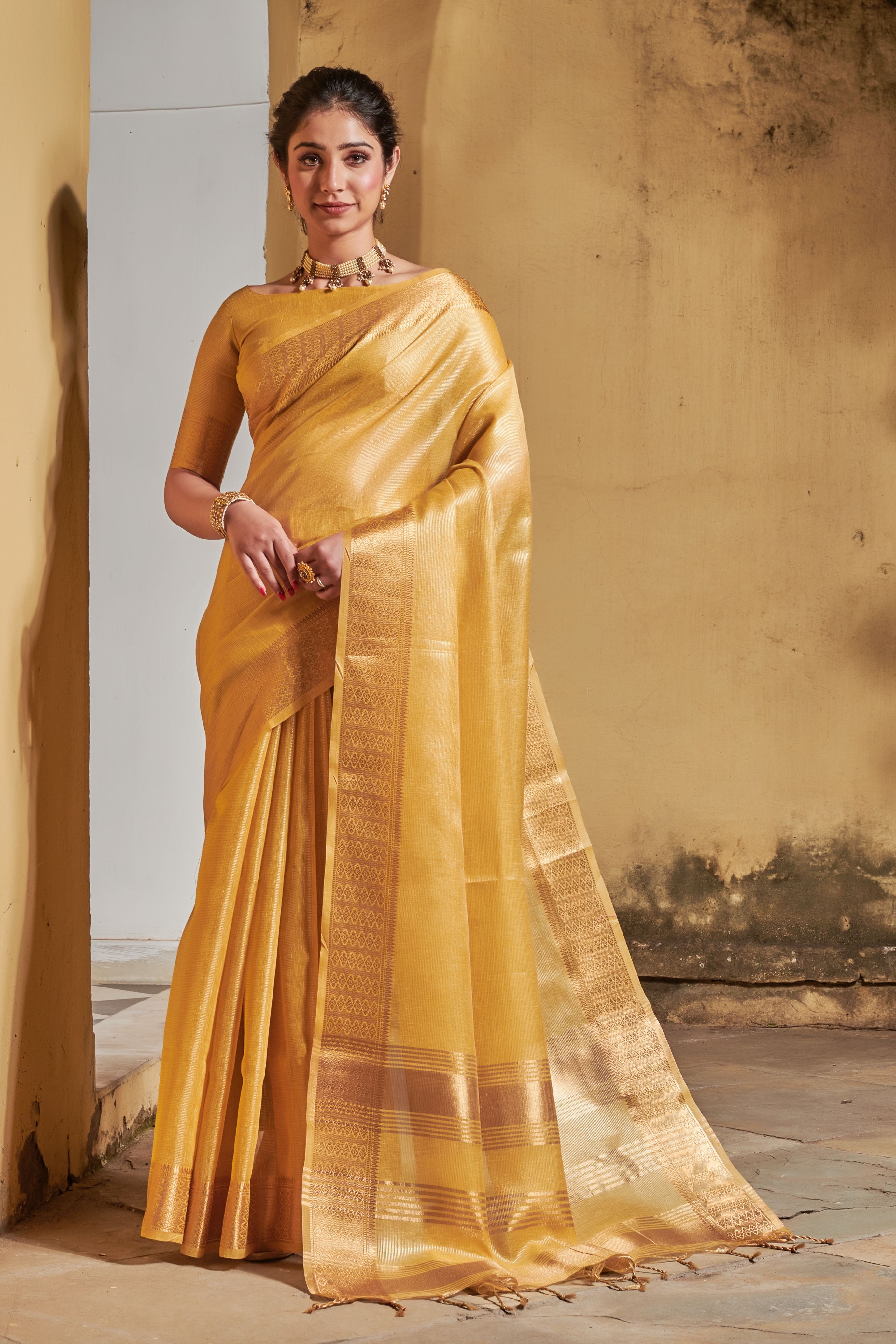 Women's Yellow Woven Tissue Linen Saree with Tassels - Vishnu Weaves