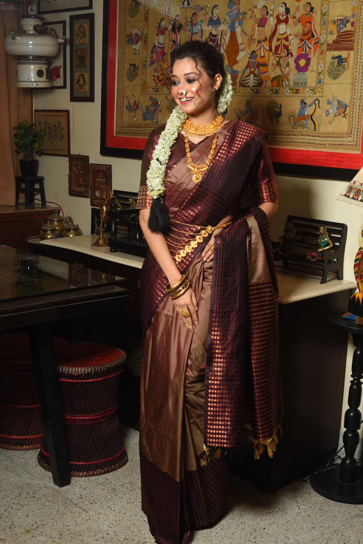 Women's Coffee Woven Banarasi Silk Saree with Tassels - Vishnu Weaves