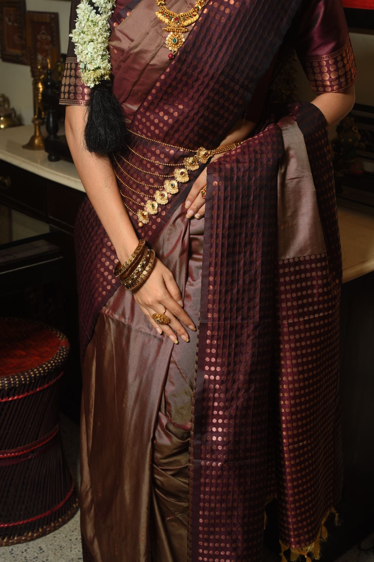 Women's Coffee Woven Banarasi Silk Saree with Tassels - Vishnu Weaves