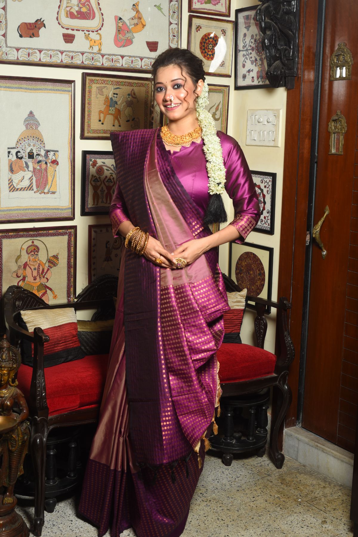 Women's Wine Woven Banarasi Silk Saree with Tassels - Vishnu Weaves