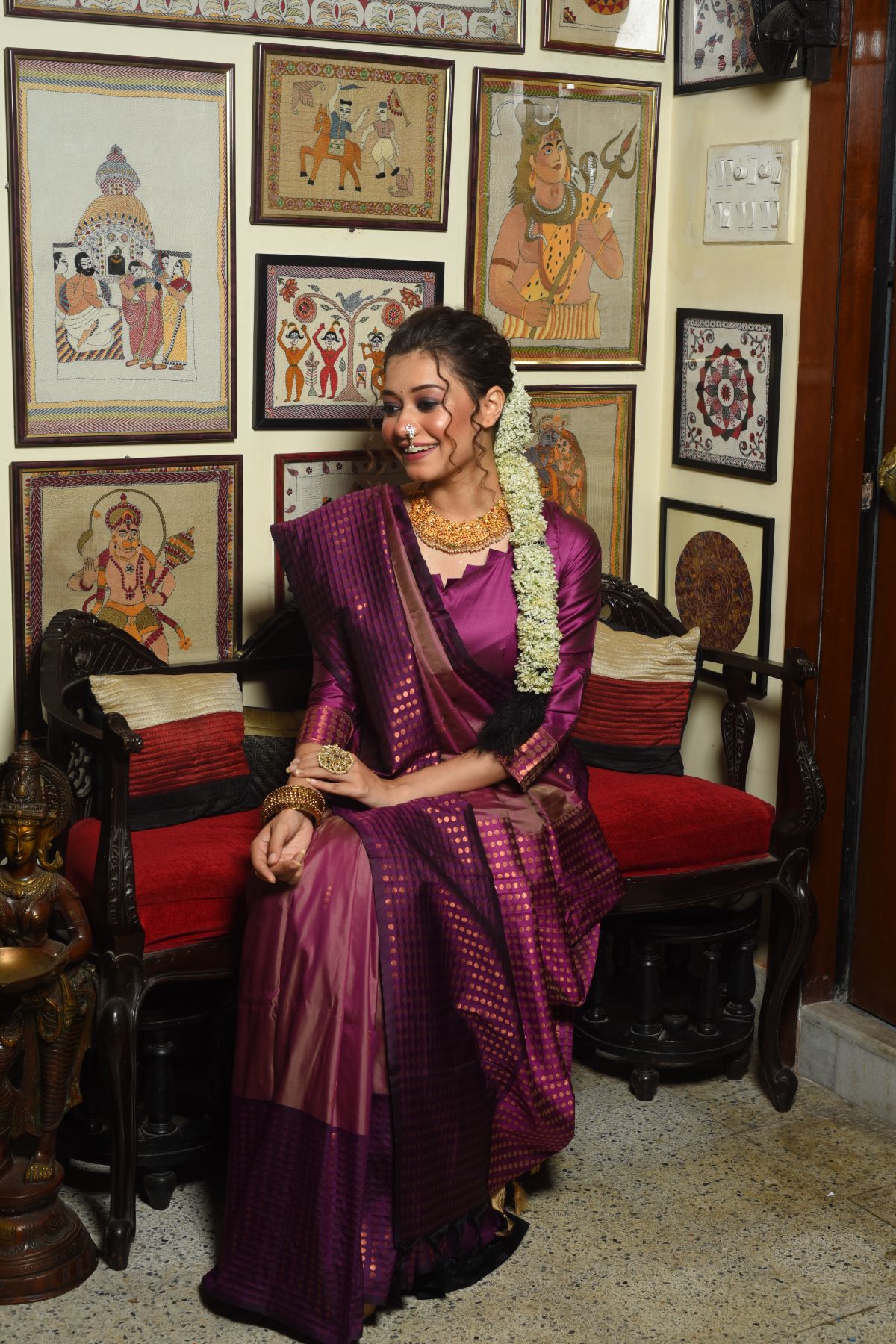 Women's Wine Woven Banarasi Silk Saree with Tassels - Vishnu Weaves