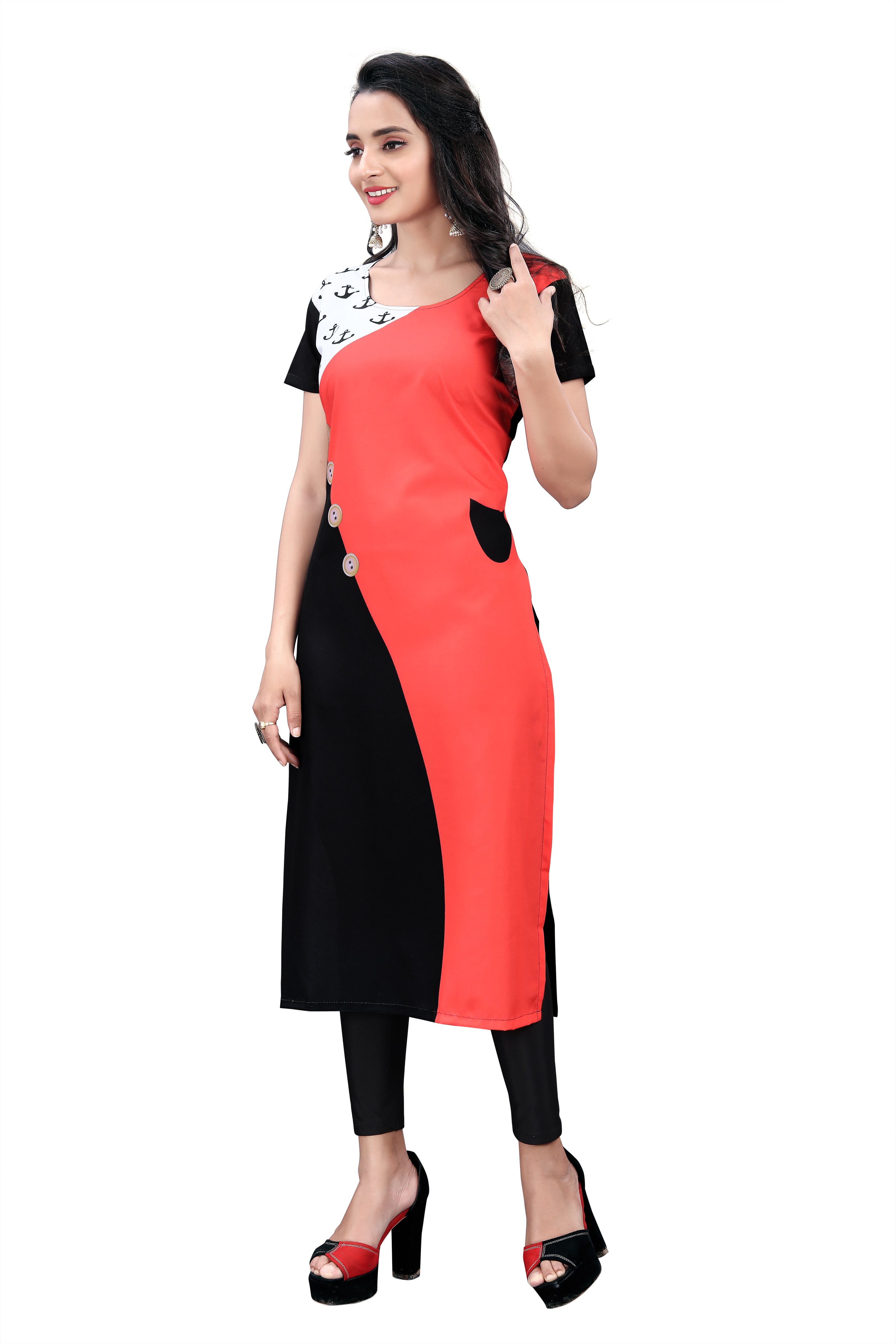 Women's Red, Black Crepe 3/4Th Sleeve Kurti  - Navyaa