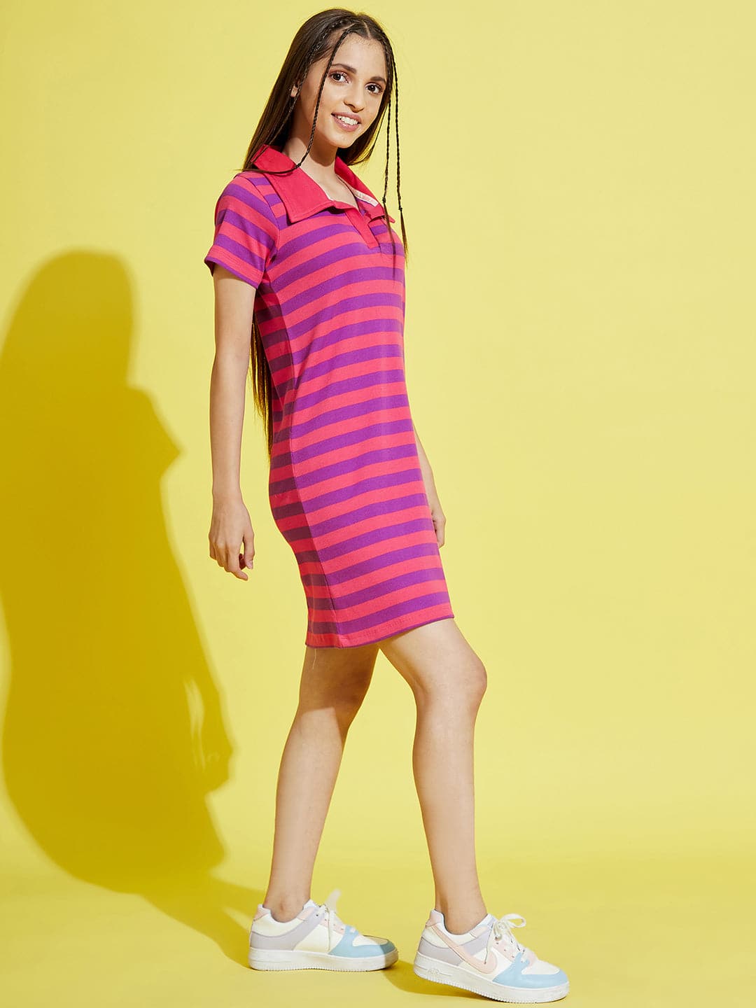 Girls Pink & Purple Stripes Rib Polo Neck Dress - Lyush Kids