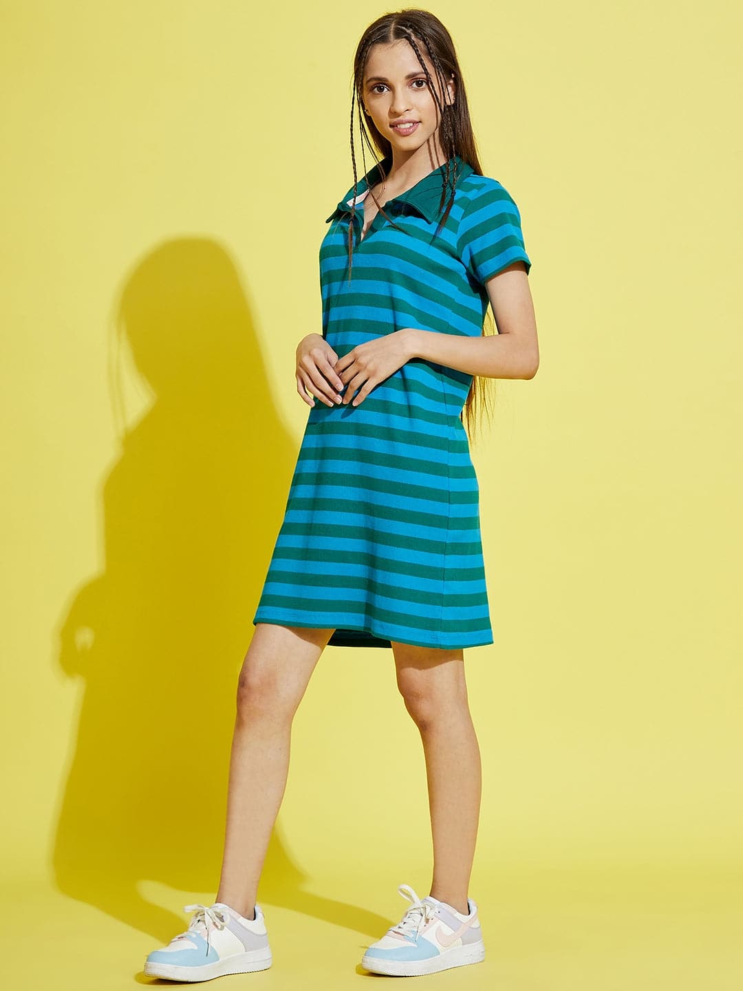 Girls Blue & Green Stripes Rib Polo Neck Dress - Lyush Kids