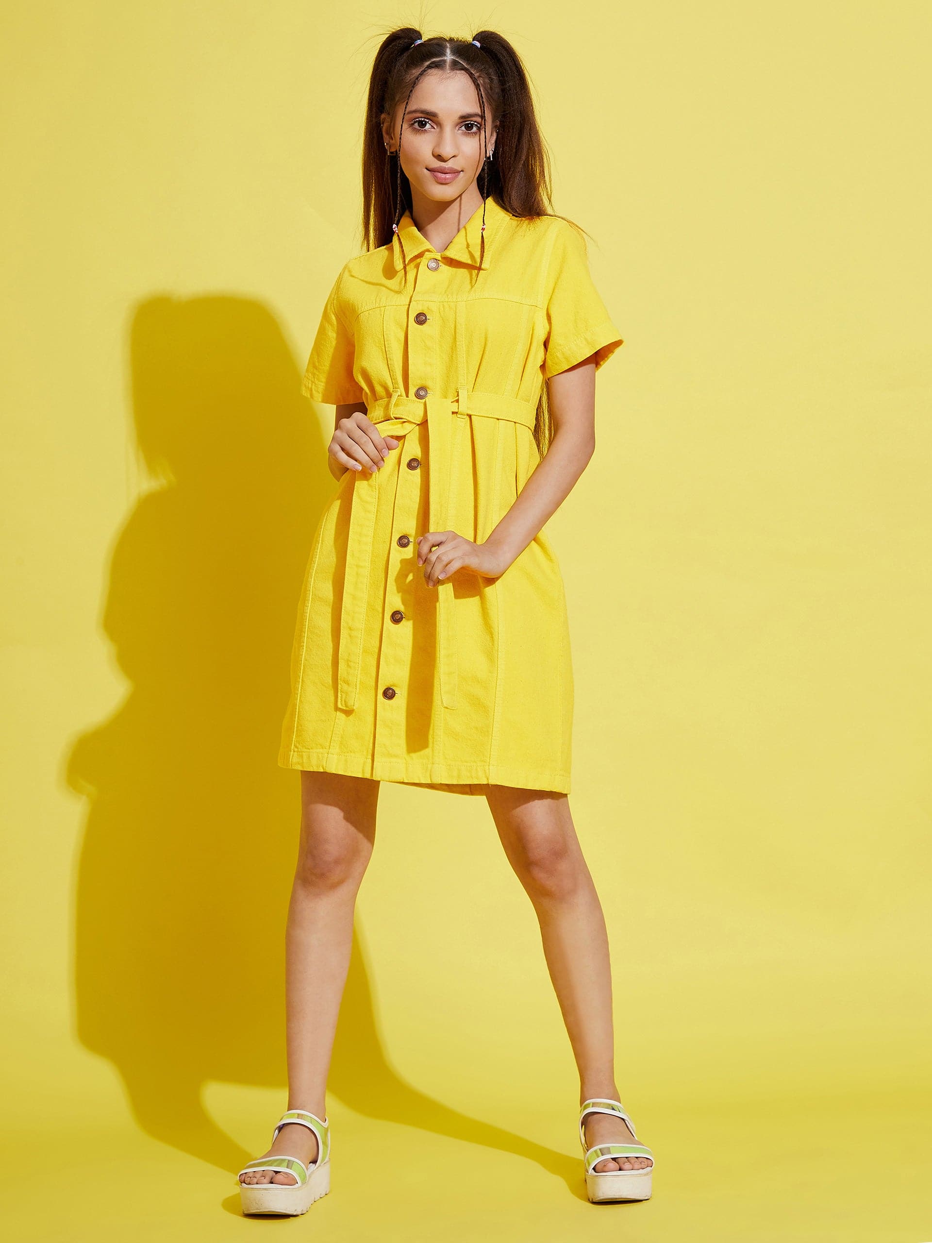 Girls Yellow Front Button Denim Shirt Dress - Lyush Kids