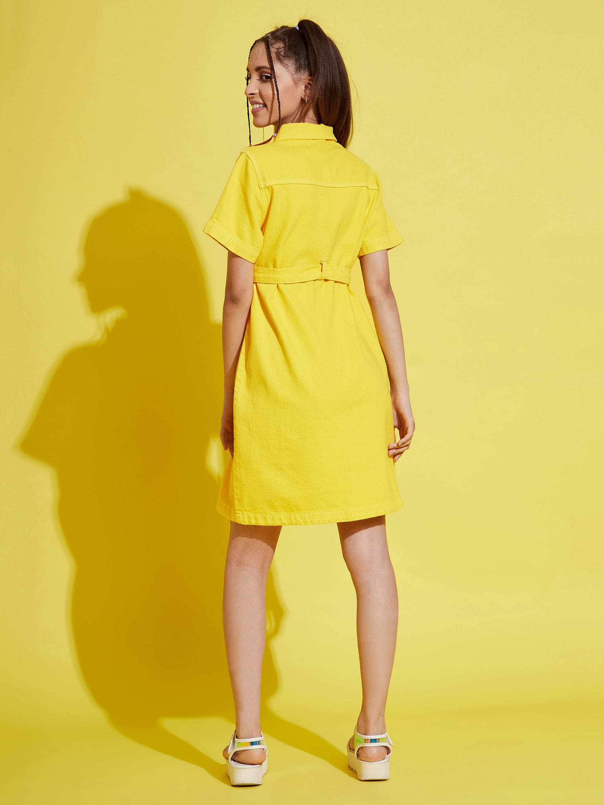 Girls Yellow Front Button Denim Shirt Dress - Lyush Kids