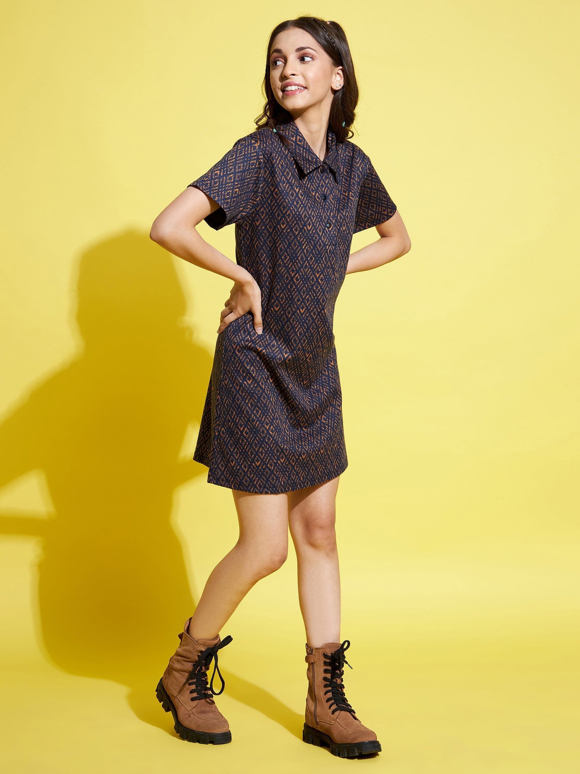 Girls Mustard & Blue Geometric Polo Neck Dress - Lyush Kids