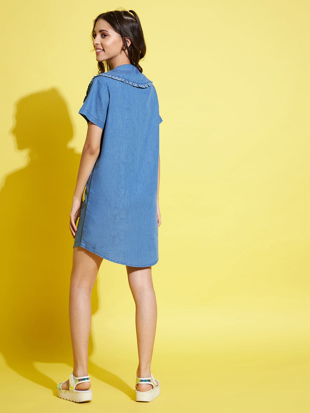 Girls Blue Peterpan Front Button Shirt Dress - Lyush Kids