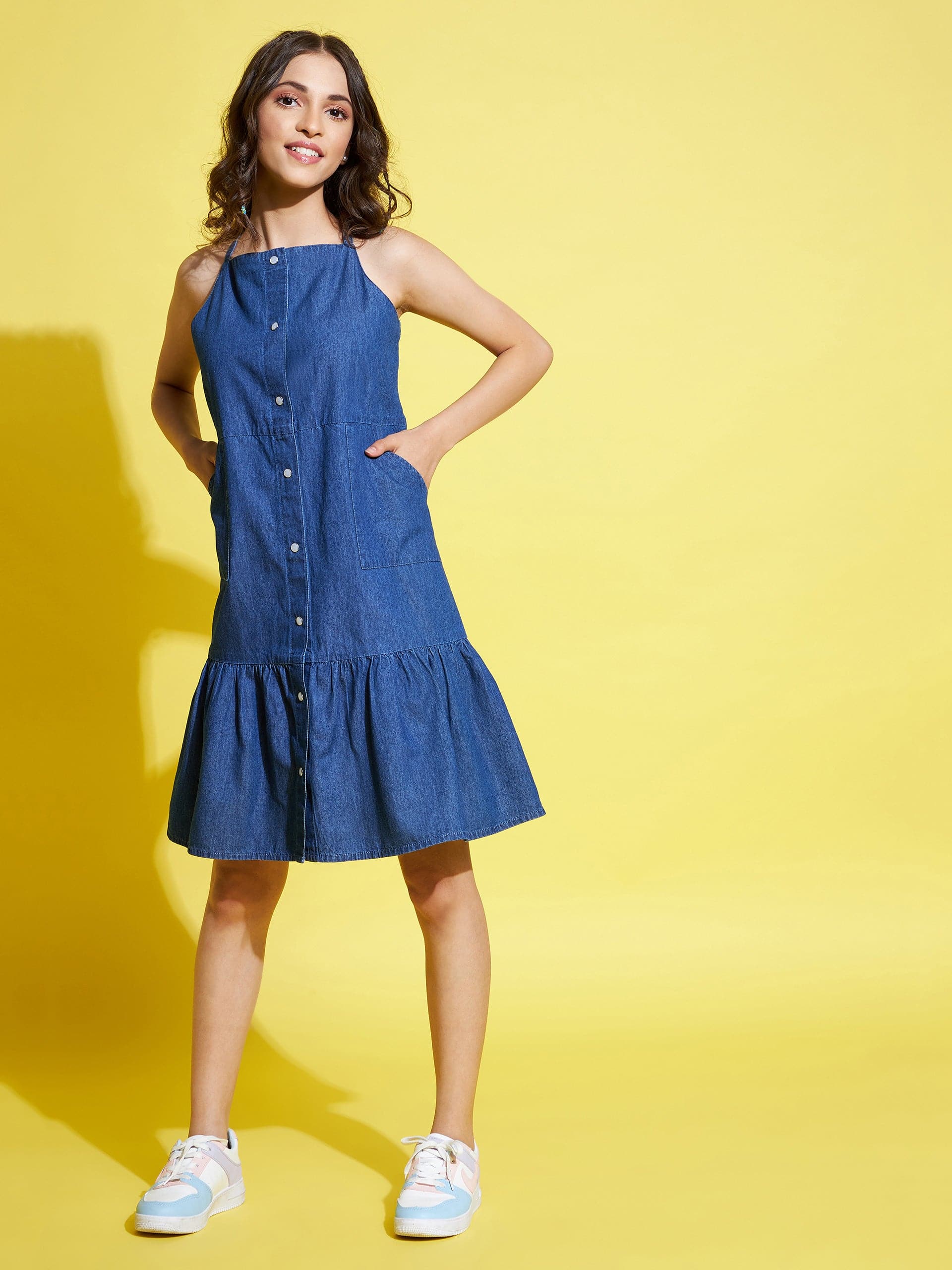 Girls Blue Tencel Front Snap Button Strappy Dress - Lyush Kids