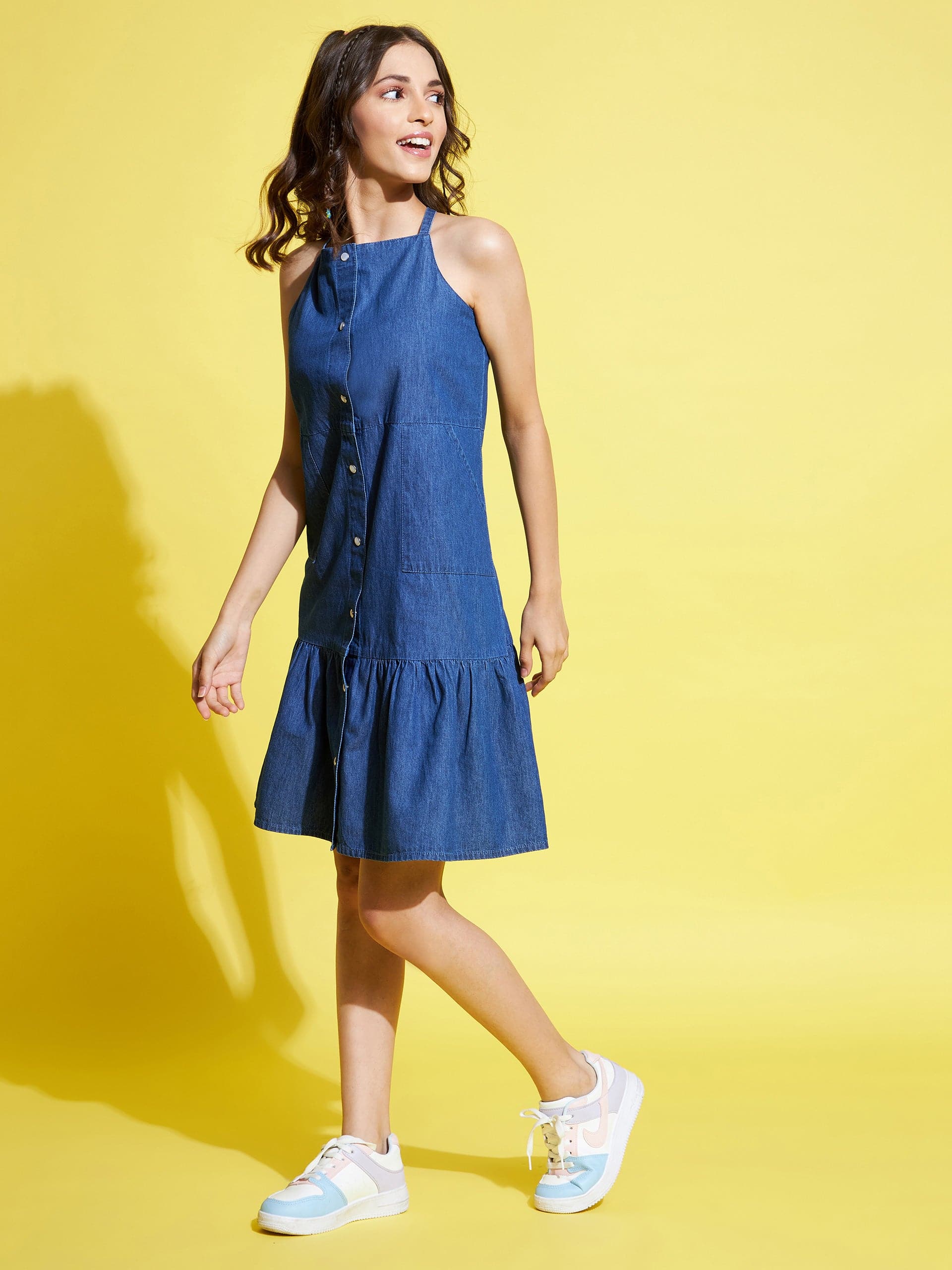 Girls Blue Tencel Front Snap Button Strappy Dress - Lyush Kids