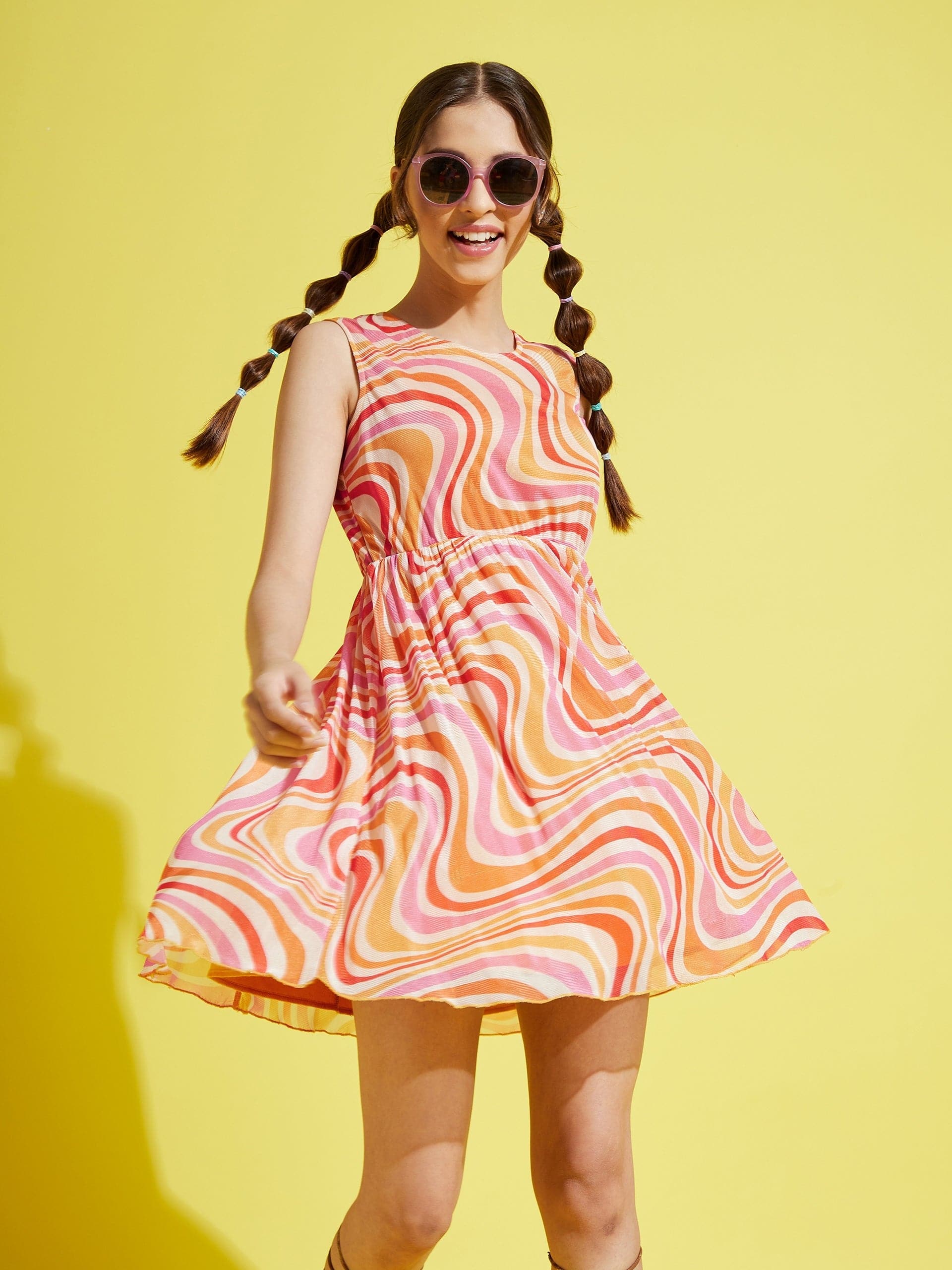 Girls Beige Multi Wave Stripes Mesh Gathered Dress - Lyush Kids