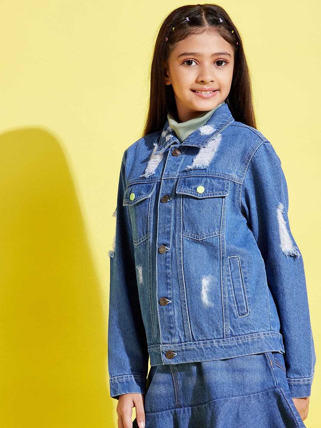Girls Blue Distressed Neon Button Denim Jacket - Lyush Kids