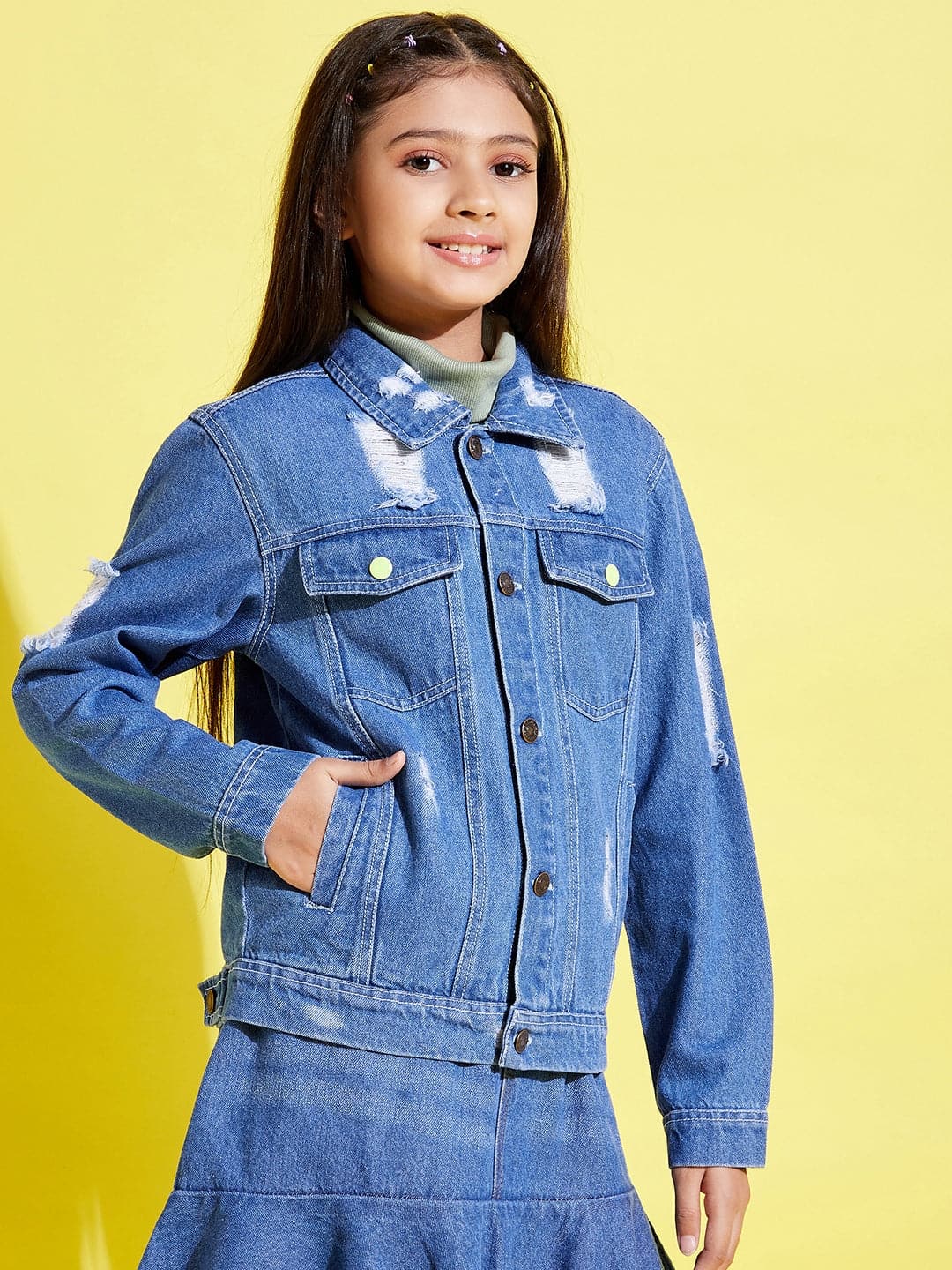 Girls Blue Distressed Neon Button Denim Jacket - Lyush Kids