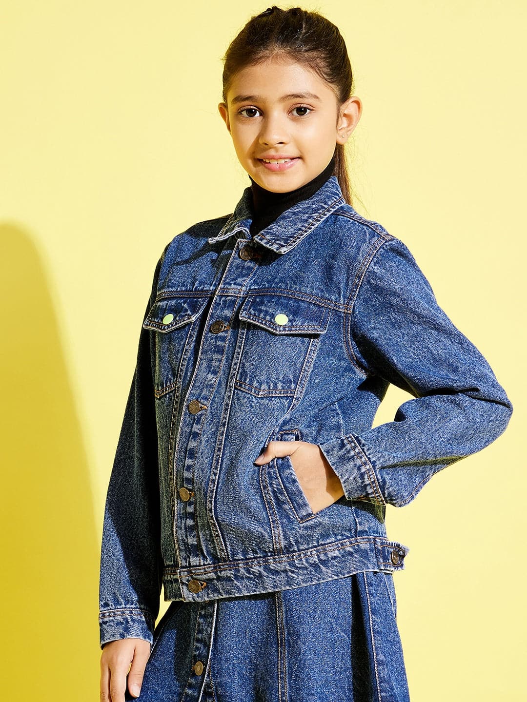 Girls Blue Neon Button Denim Jacket - Lyush Kids