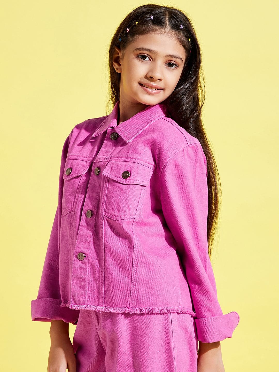 Girls Pink Raw Hem Denim Crop Jacket - Lyush Kids