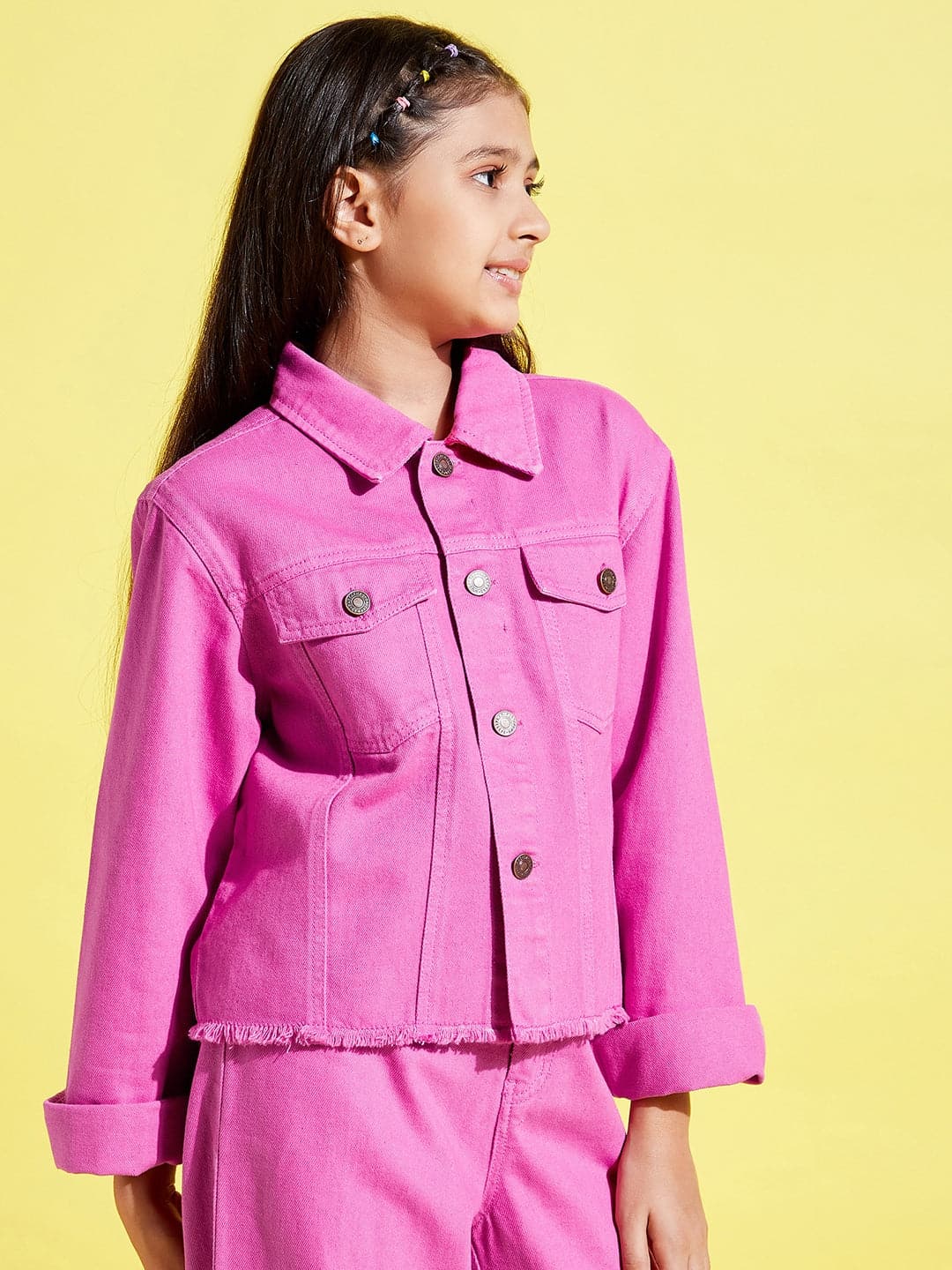 Girls Pink Raw Hem Denim Crop Jacket - Lyush Kids