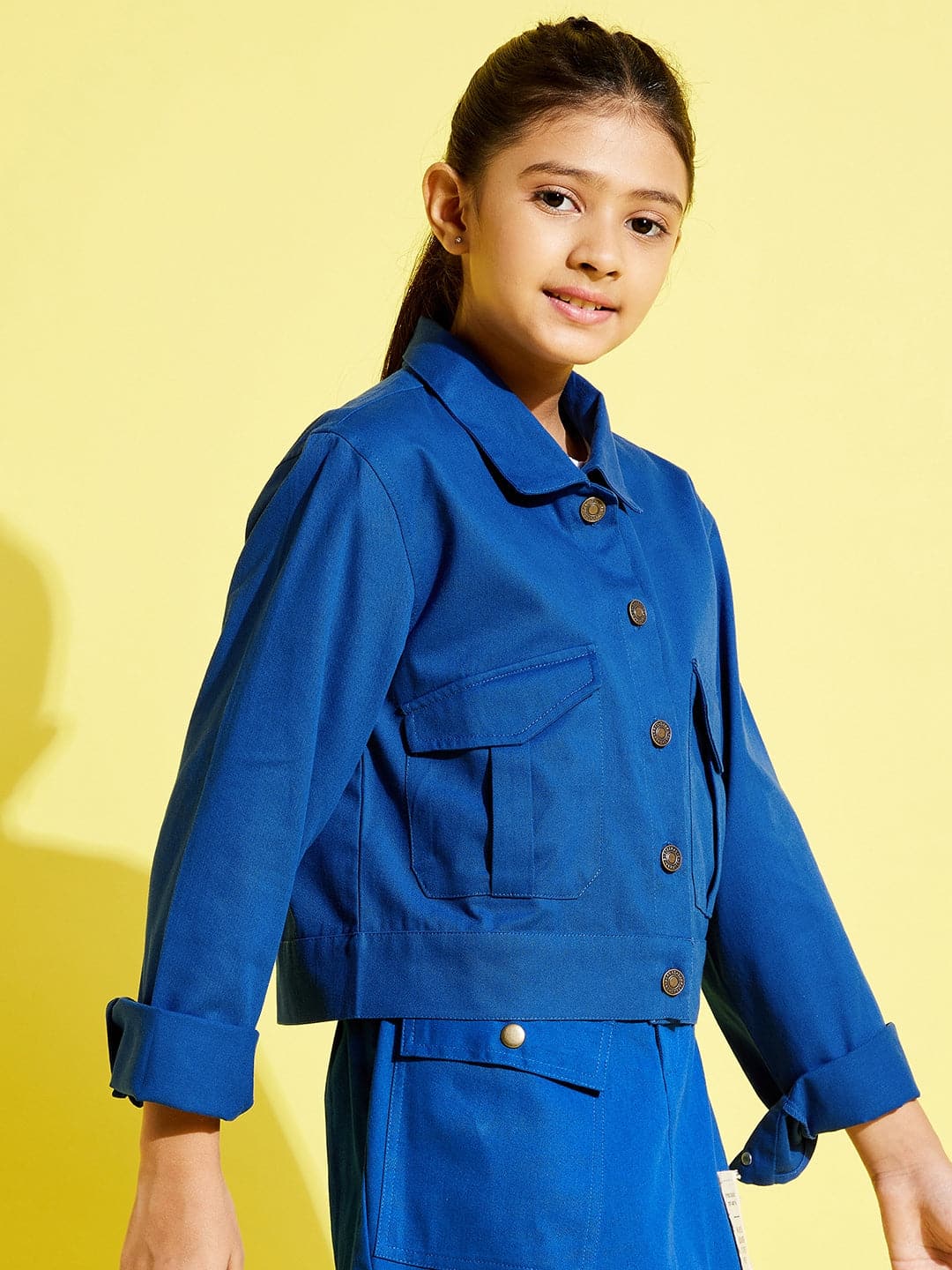 Girls Blue Front Button Twill Jacket - Lyush Kids