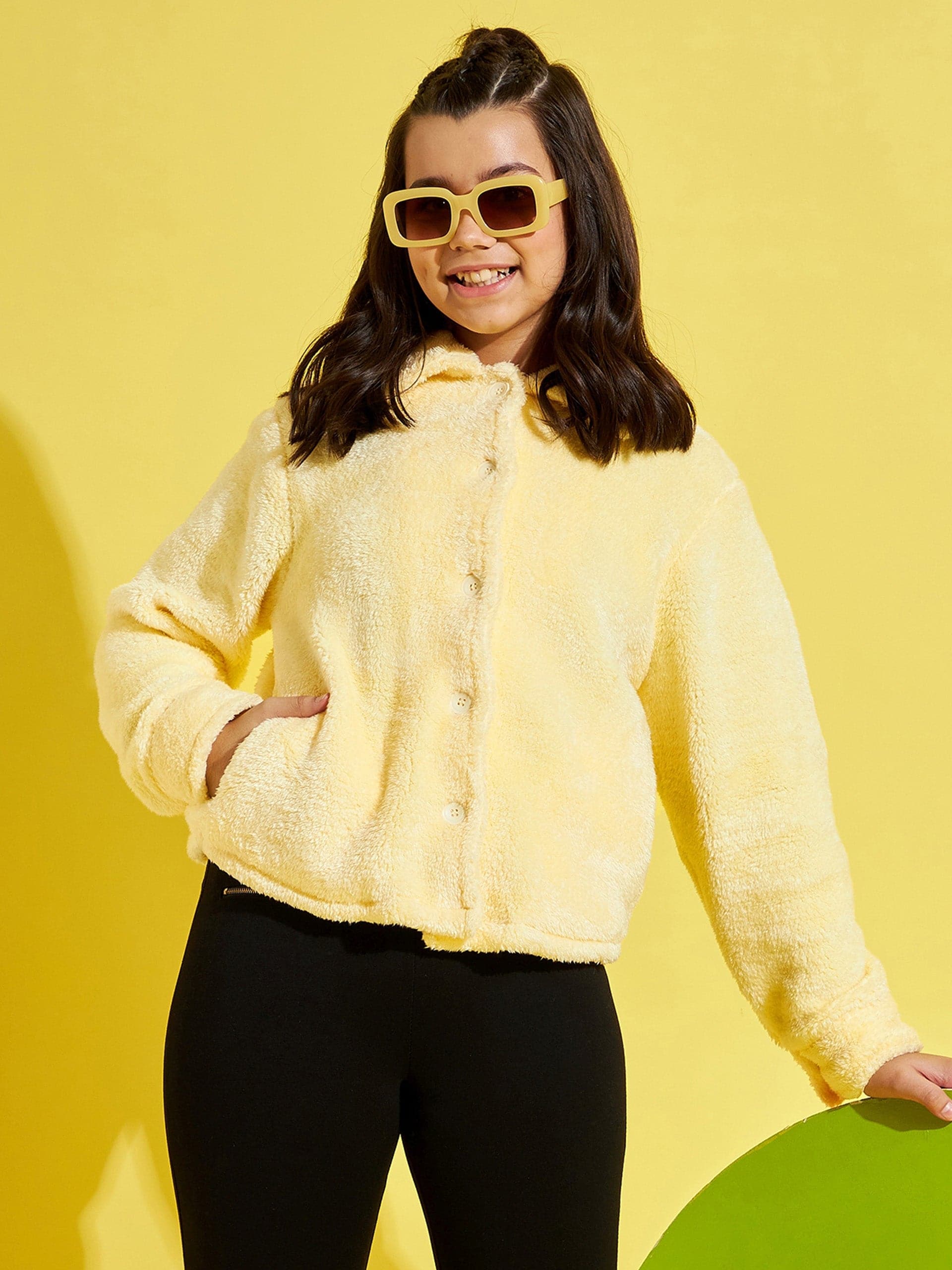 Girls Lemon Yellow Fur Front Button Jacket - Lyush Kids