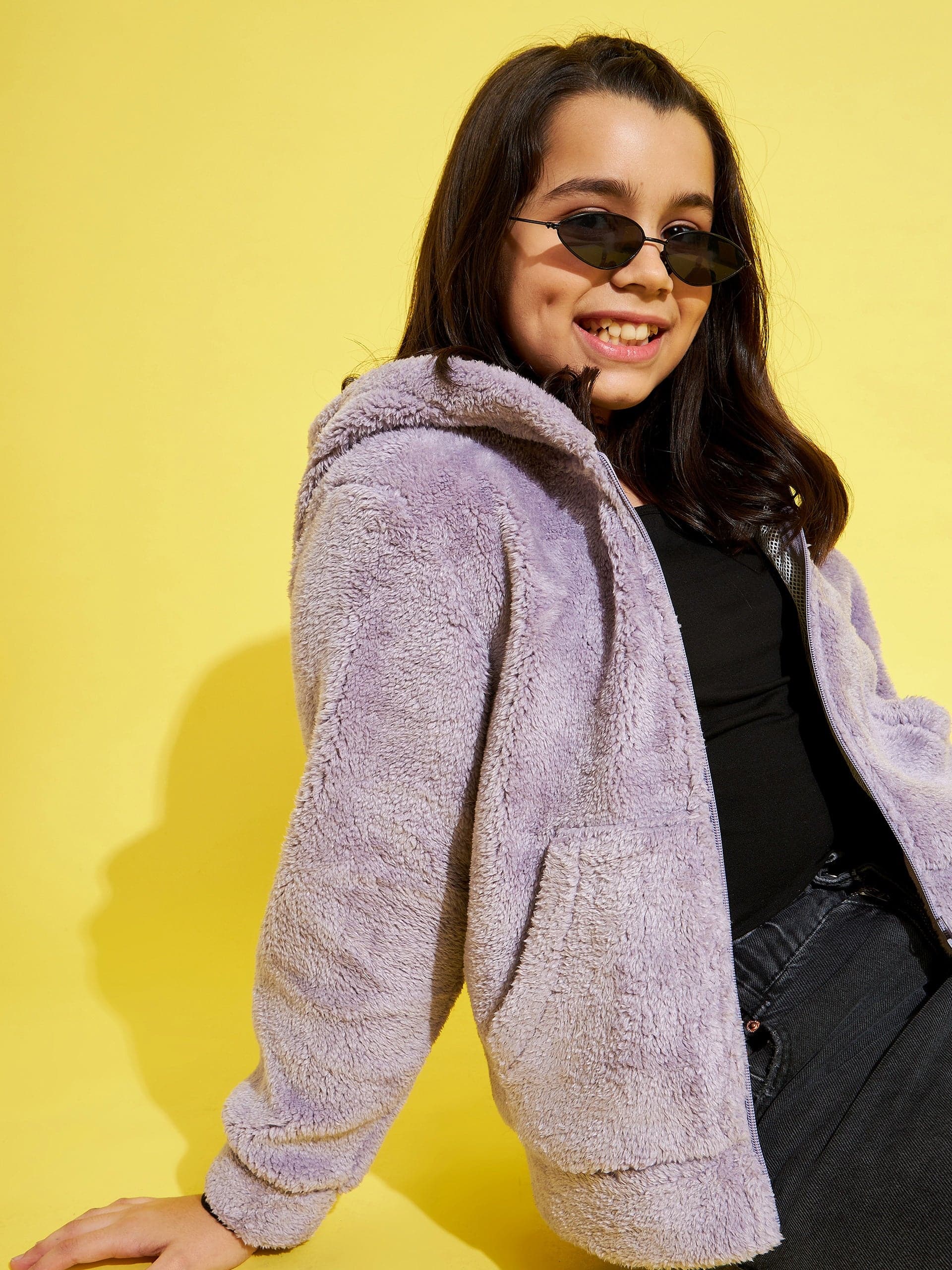 Girls Purple Fur Front Pocket Hoodie Jacket - Lyush Kids